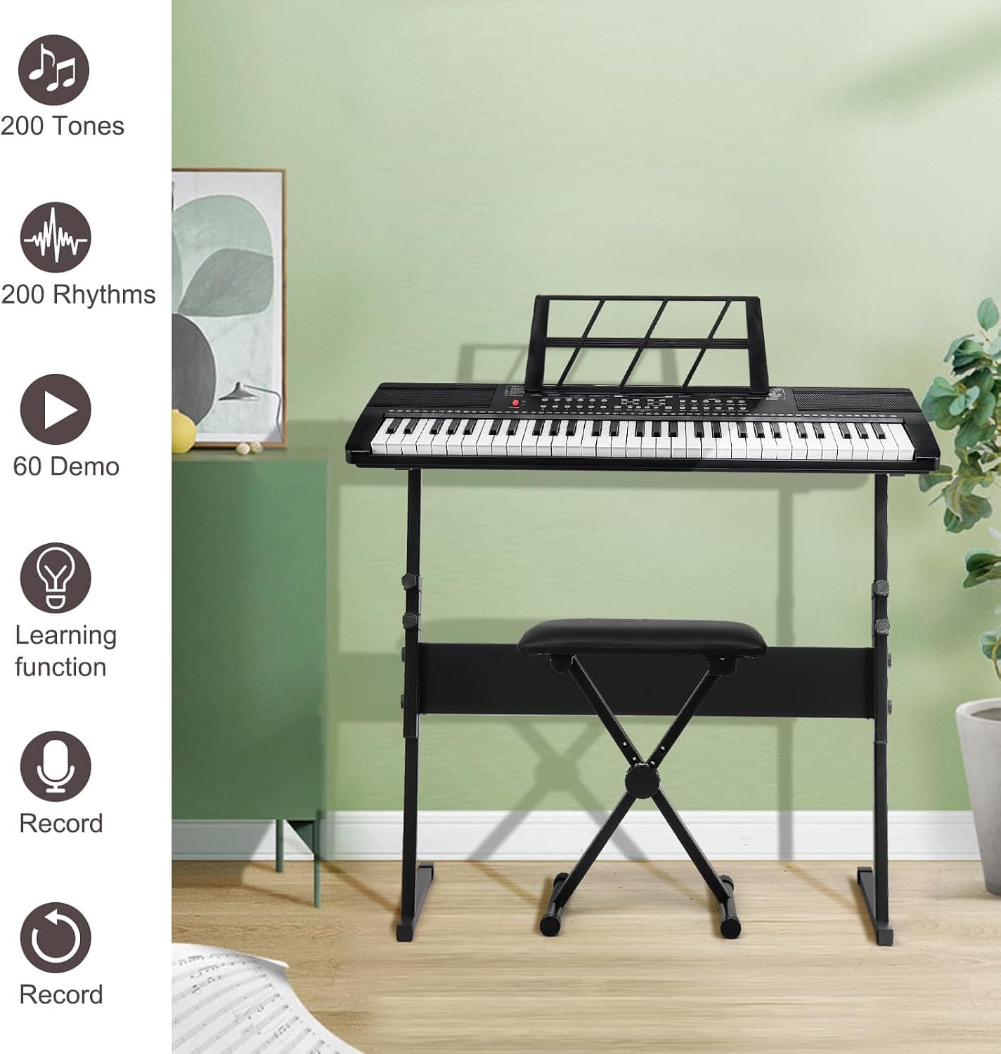 LEADZM Clavier Piano 61 Touches, Piano Numérique avec Support de Clavier, Banc de Piano, Pupitre, Casque, Microphone, Écran LED, 3 Modes D'apprentissage pour Débutants (Noir)