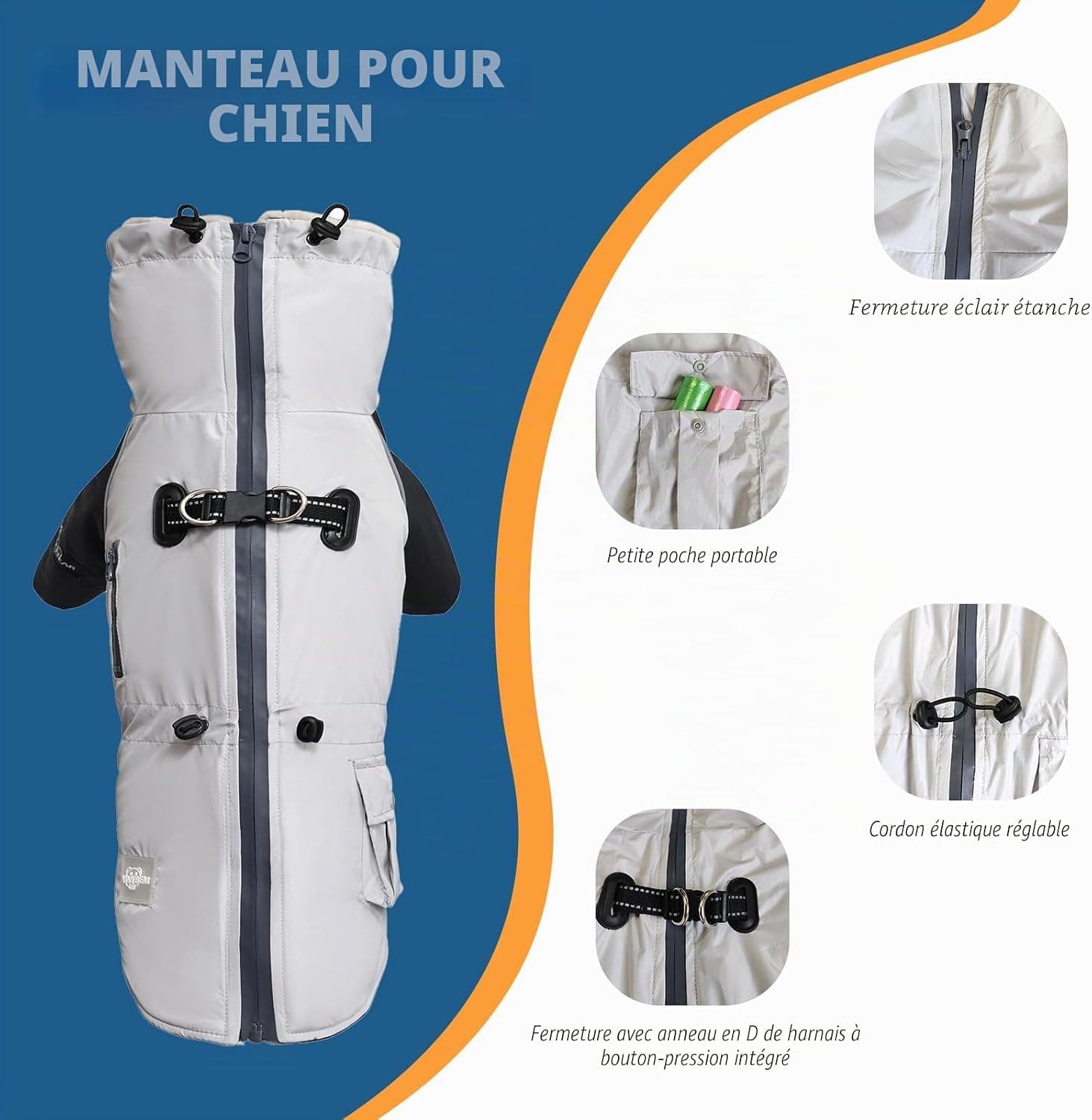 Chaqueta de invierno pour chiens avec doublure en cachemire, imperméable avec veste de pluie, poches zippées pour chiens, bandes réfléchissantes, cordon réglable, D-Ring pour laisse de chien