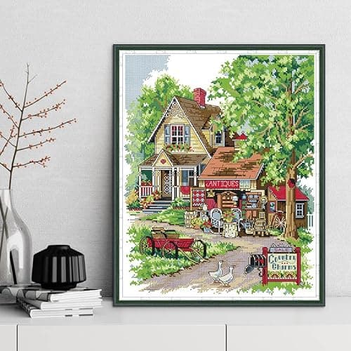 Cleana Arts Kits de Point de Croix Estampillés Gamme Complète de kits de Démarrage de Broderie pour Débutants DIY 14CT 2 brins-Charmante Campagne 36cm×44cm