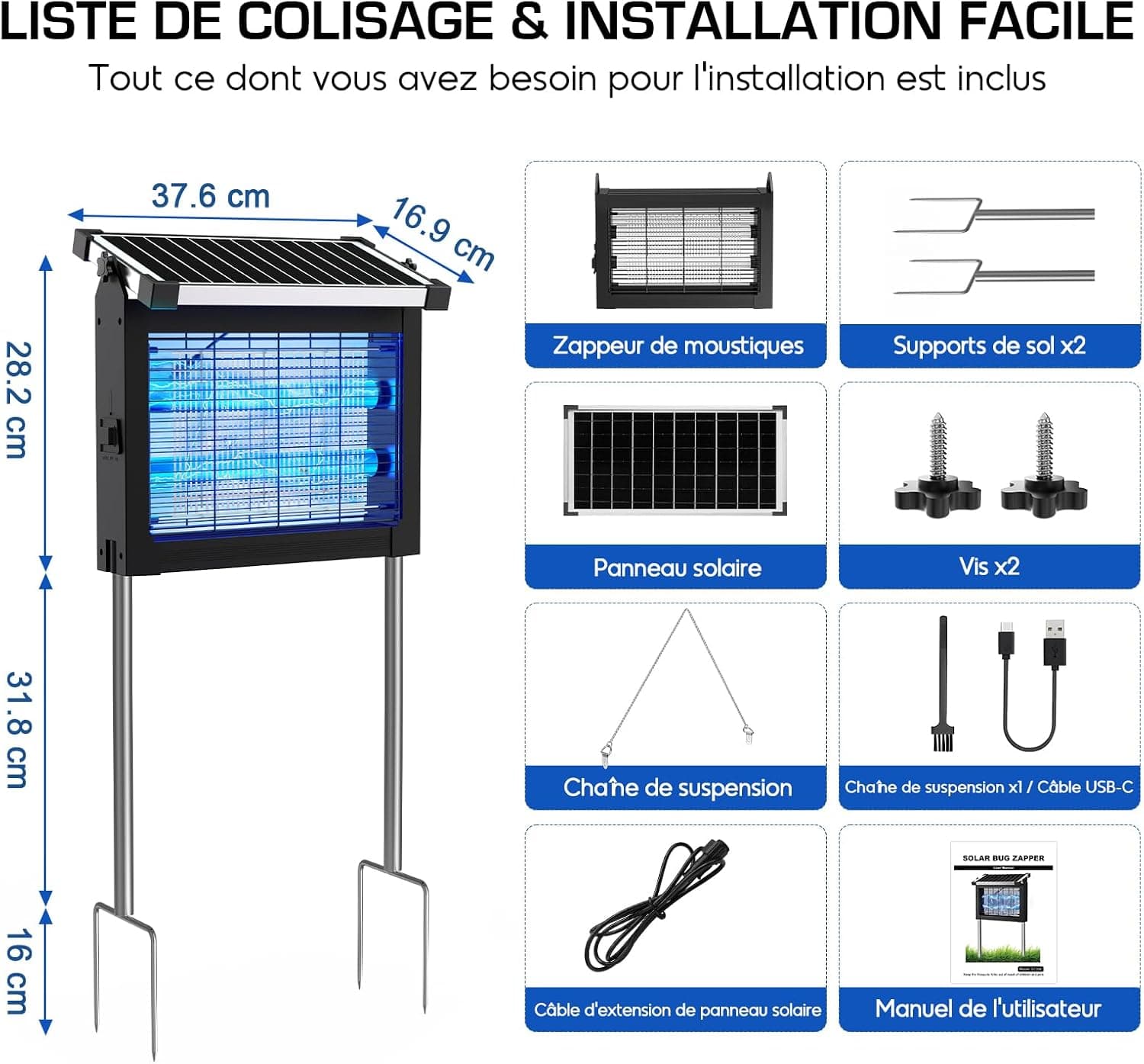 Lampe Anti Moustique Extérieur Solaire, Étanche IPX5 (Noir)