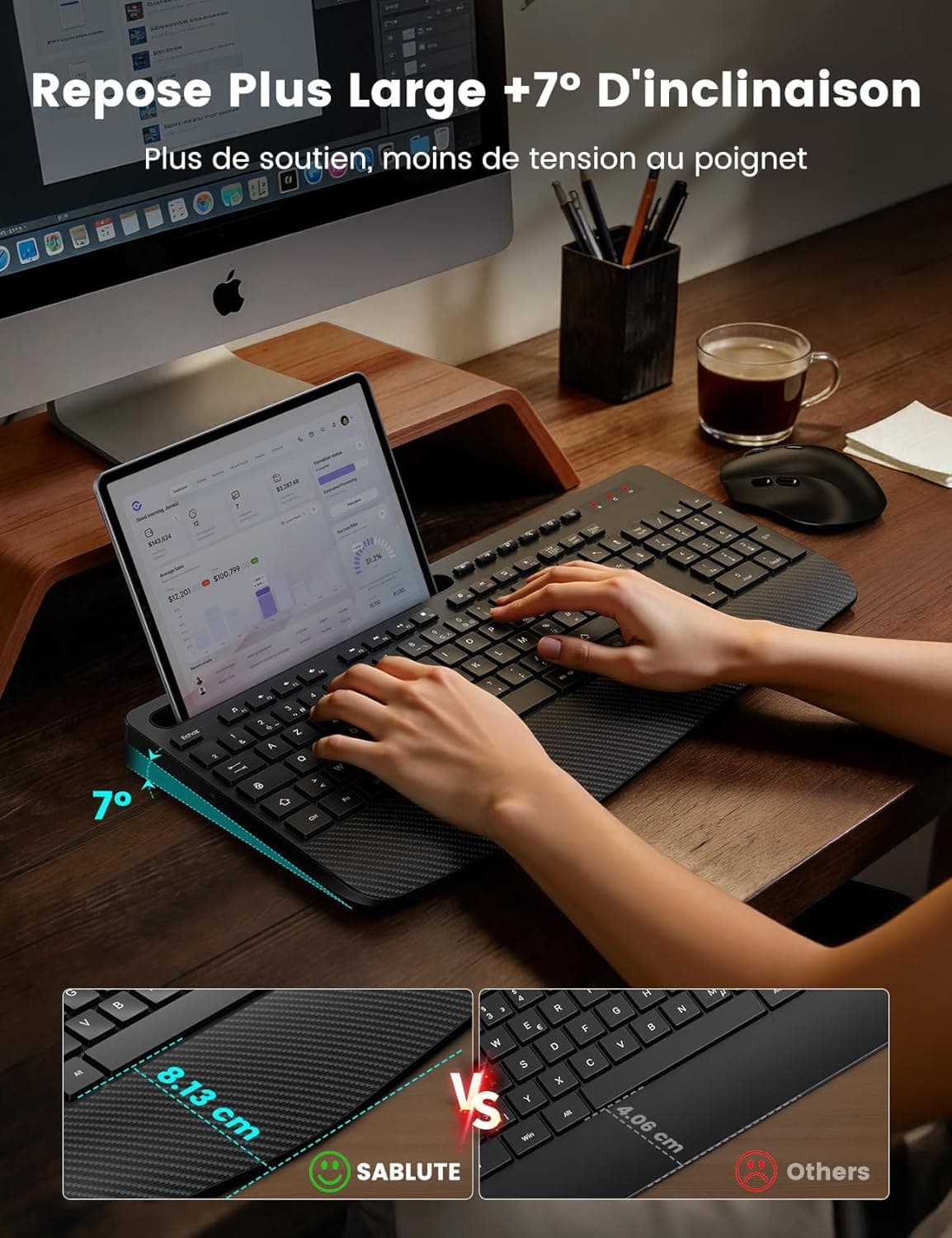 Clavier et Souris sans Fil, Ergonomique Pleine Taille, Repose-Poignet, 3DPI | Support, Mode Veille, 12 Raccourcis Clavier, 2,4 GHz Silencieux Clavier Souris pour Windows, PC, Laptop, AZERTY-KM23 (Noir)