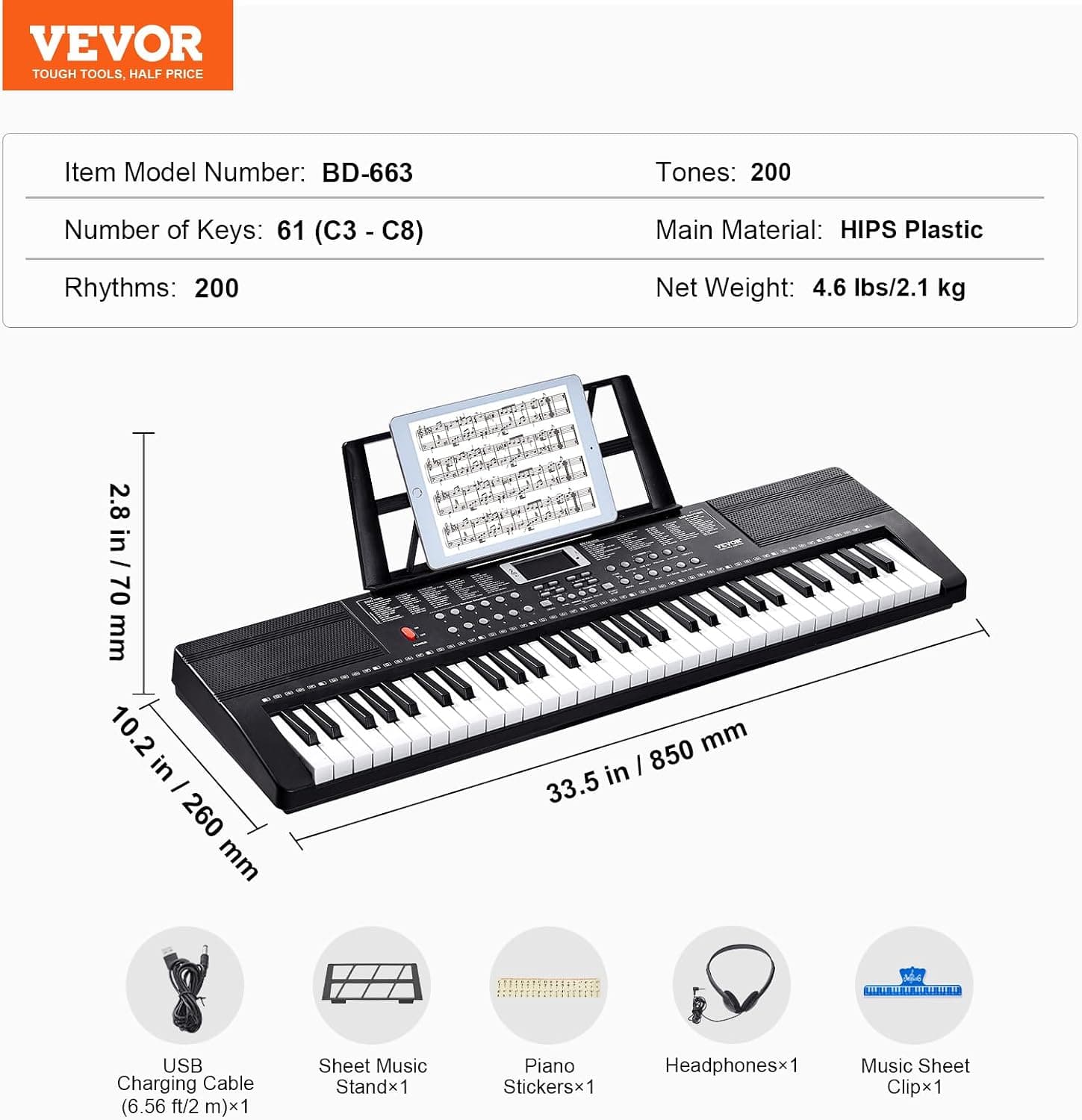 VEVOR Clavier Piano Numérique, 61 Touches, Ensemble Piano à Clavier Électrique Portable, 200 Tons, 200 Rythmes, 60 Chansons de Démonstration, Haut-parleurs Intégrés, Casque, Microphone, pour Débutants