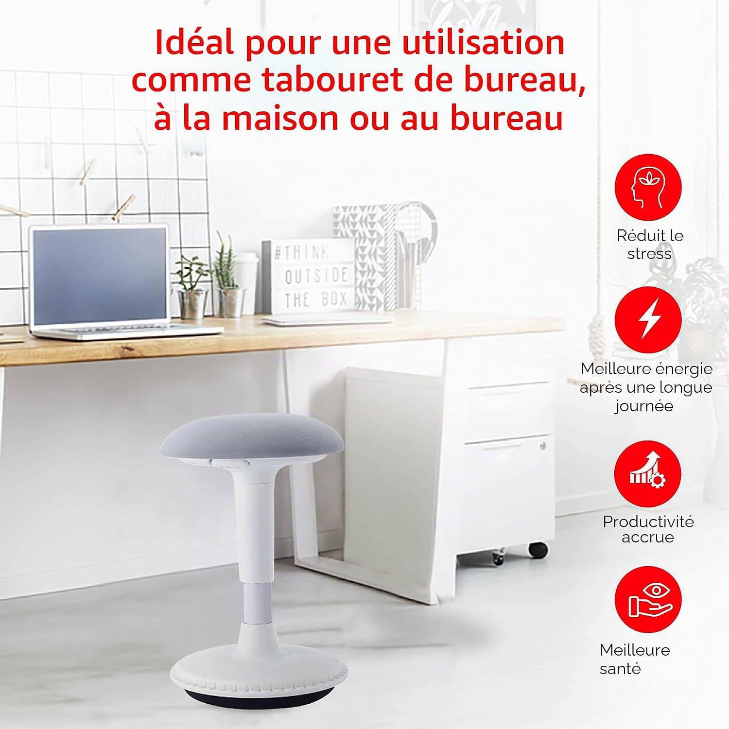 tabouret ergonomique réglable en hauteur pour s'asseoir et se tenir debout (blanc, version 65-85) – Tabouret de bureau oscillant
