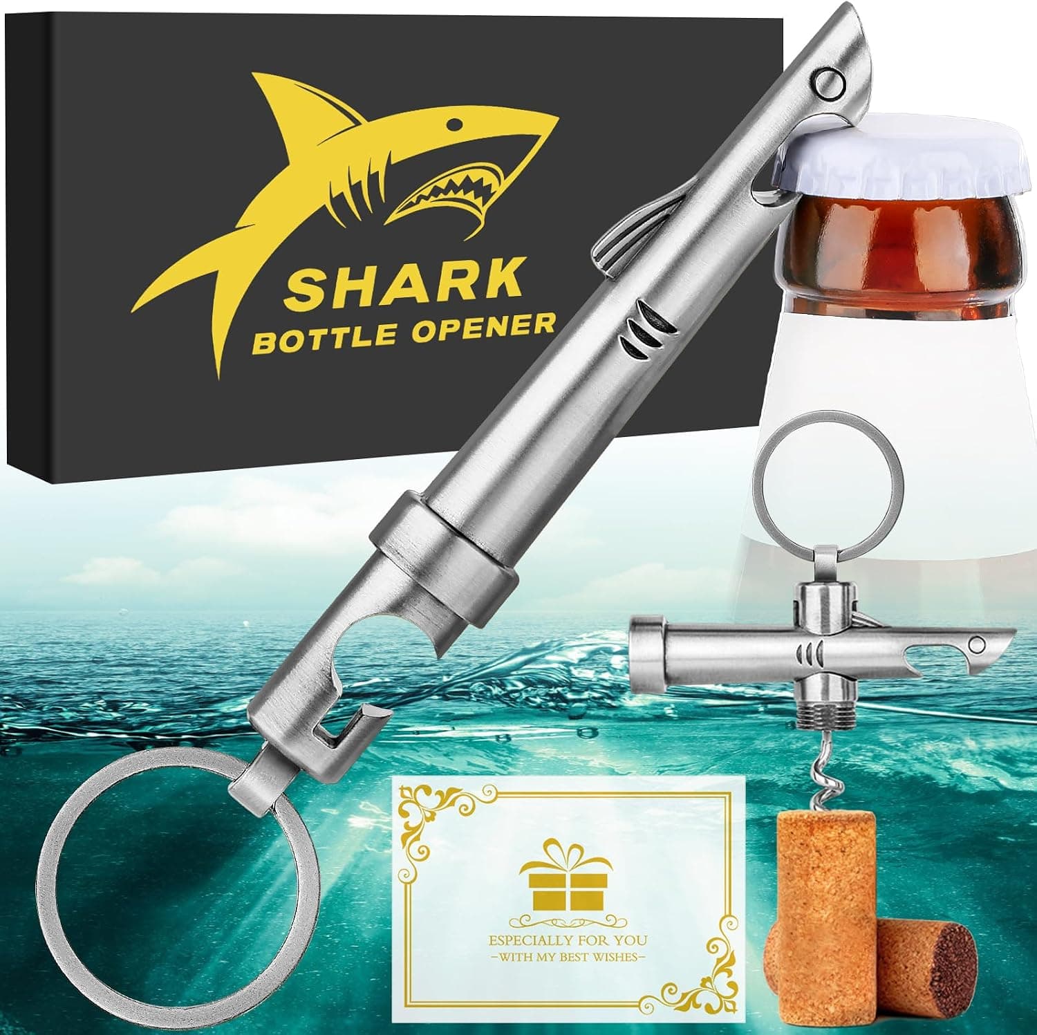 LKKCHER Décapsuleur Requin 2 en 1 - Porte-clés, Tire-bouchon, Décapsuleur de Bière - Cadeau pour Fête des Pères, Noël et Anniversaire
