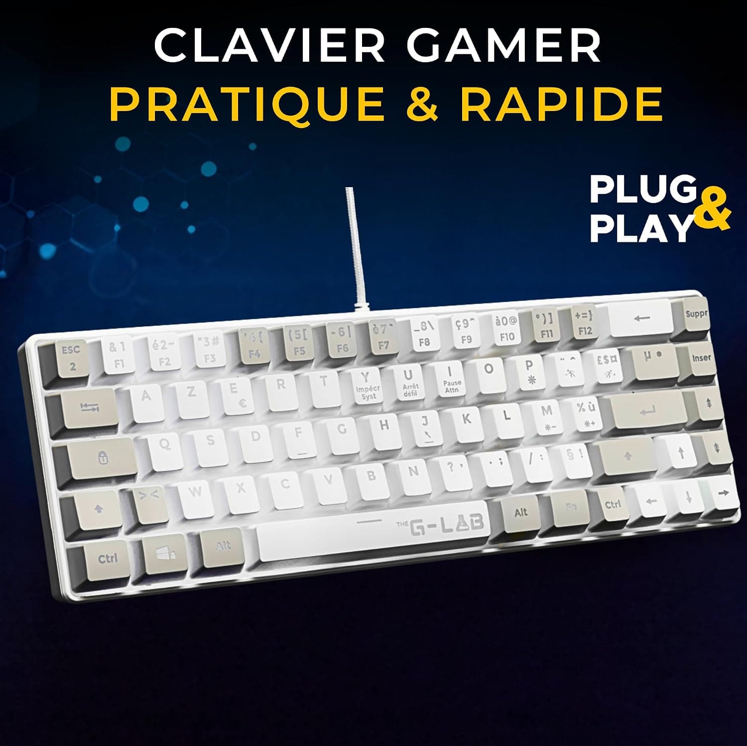 The G-Lab Keyz Hydrogen - Clavier Gamer Semi-mécanique 60% RGB AZERTY FR | Filaire USB, Format 60% Compact, Semi-mécanique, Rétroéclairage Multicolore, Silencieux, Blanc/Gris
