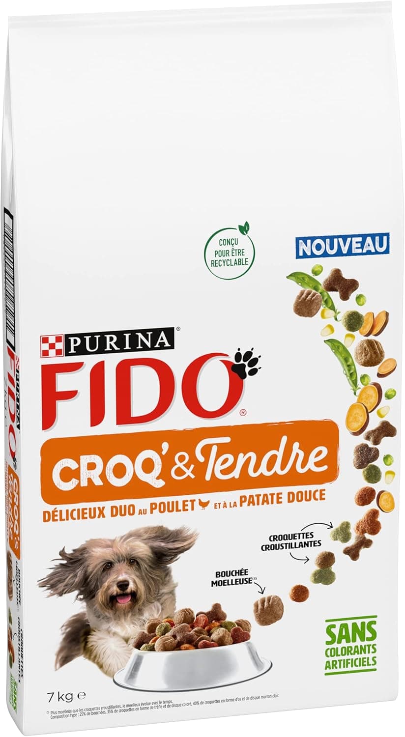 FIDO Croq et Tendre - Croquettes Chien Poulet Patate Douce - Sac de 7 kg | Croquettes Chien Saveur Poulet Patate Douce - Enrichi en oméga 3 et 6 pour la peau et les Muscles - Alimentation Chien
