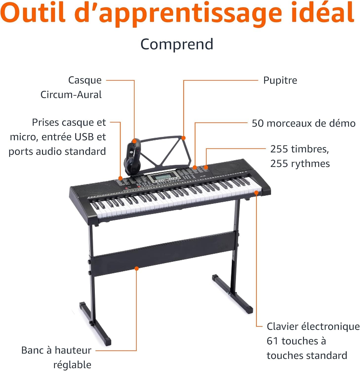 Amazon Basics Clavier de piano numérique portable 61 touches Haut-parleurs et chansons intégrés Prise européenne, 93 x 30.4 x 9.32 cm (L x l x H), Noir