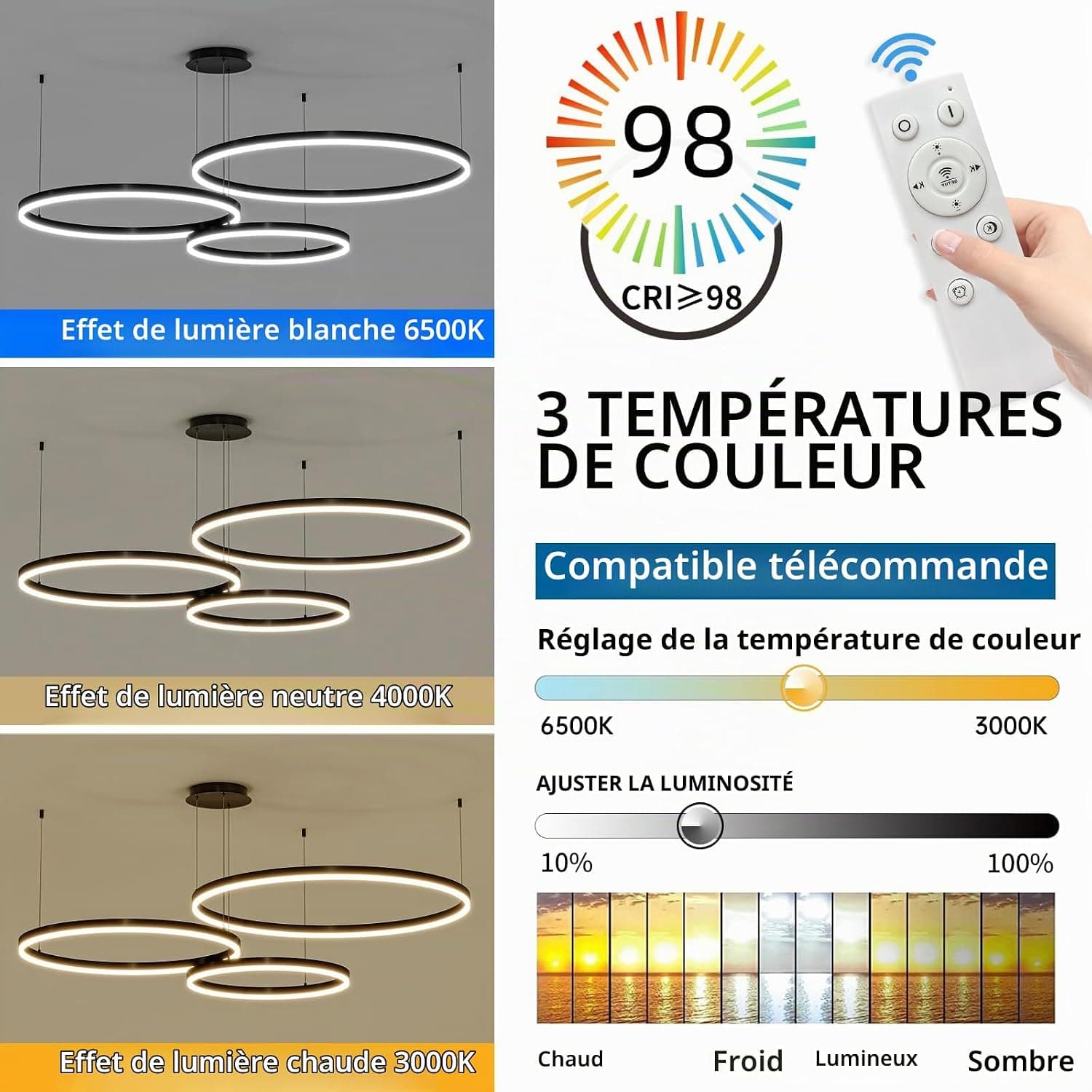 Mikeru 3 Anneaux Lampe Pendante Ronde, Suspension 20+40+60cm Lampe Pendante Télécommandée De 10% à 100% 3000k/4500k/6500k Plafonniers Modernes à Intensité Variable Pour Salon, Librairie
