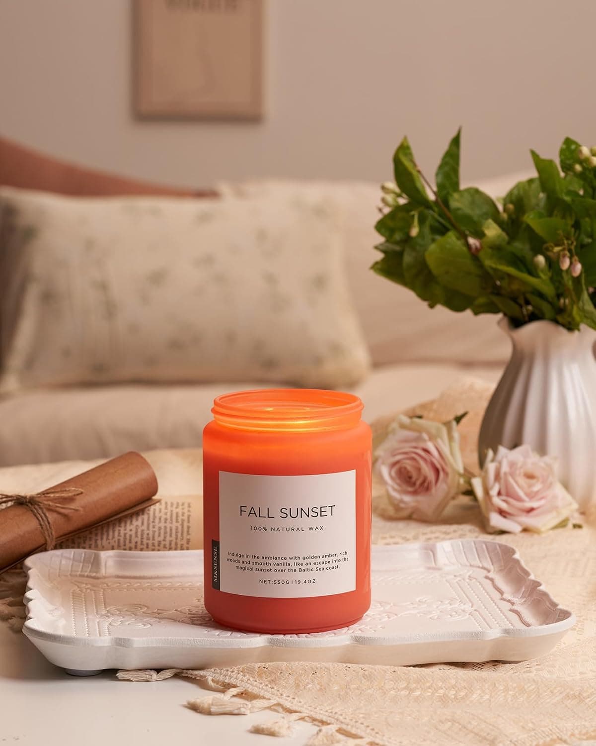 M&SENSE Bougie parfumée en Bois D'ambre, Grande Bougie de soja de 550 g, Durée de Combustion de 110 heures, Aromathérapie Lente Naturelle et Biologique, Bougie Cadeau pour les Femmes