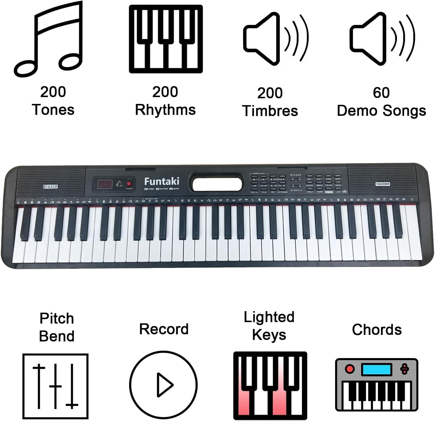 Piano à clavier électronique à 61 touches pour adultes et enfants avec touches lumineuses, connectivité MIDI et modes d'apprentissage – Piano parfait pour débutant (minuit)