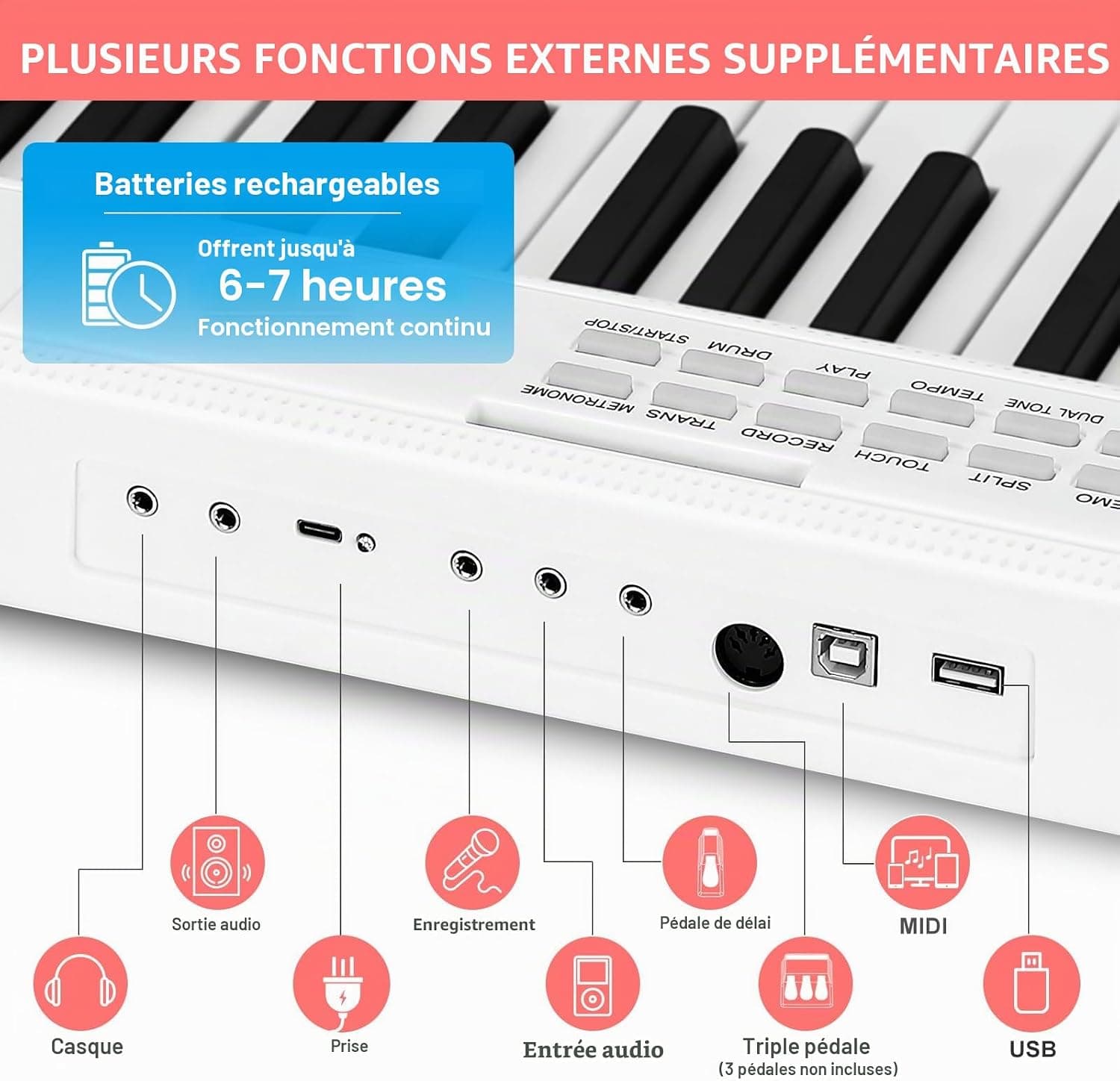 MUSTAR Piano numérique pliable 88 touches avec touches éclairées, piano numérique semi-poids, piano électronique portable avec Bluetooth, MIDI, pédale de sustain, casque pour débutants, blanc