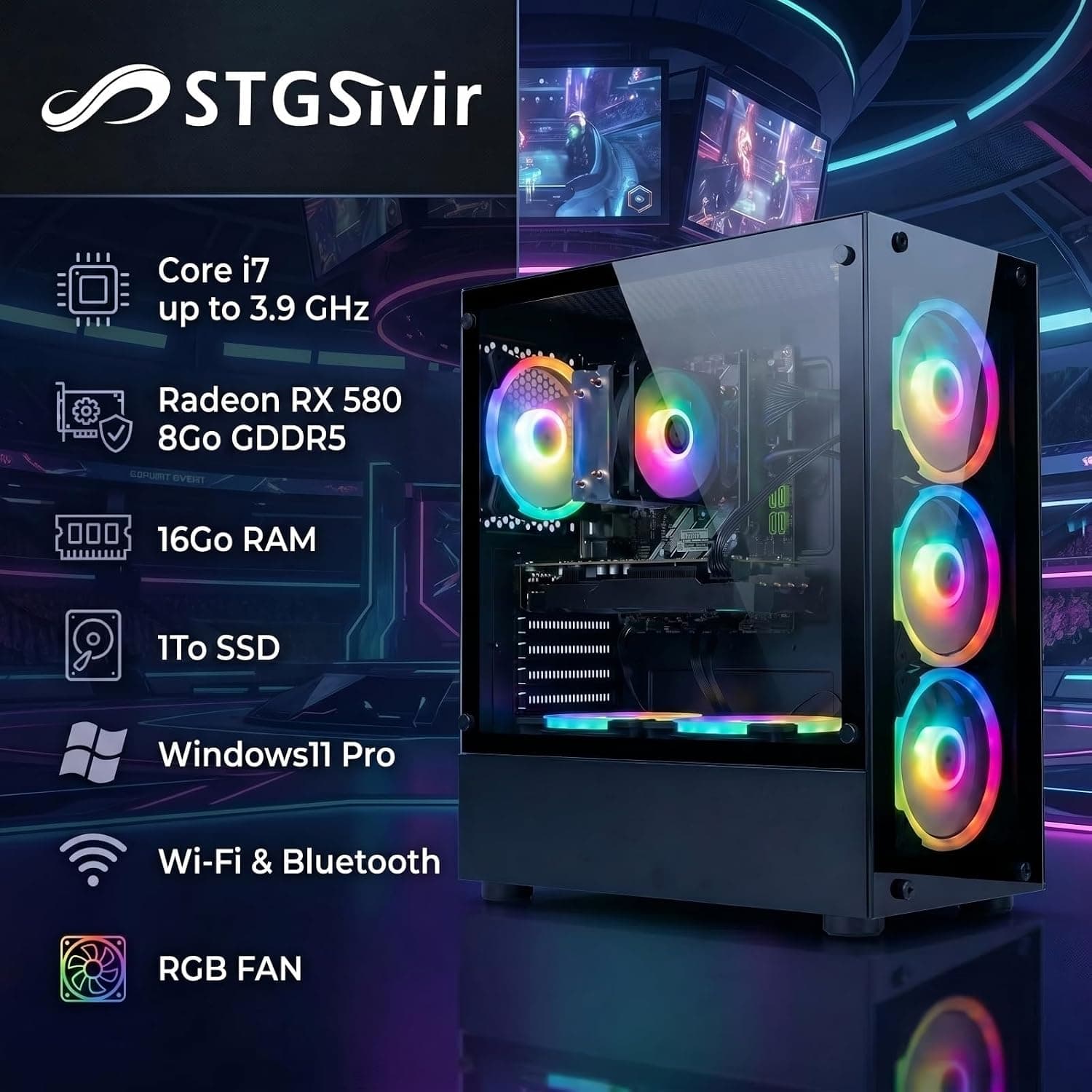 STGsivir PC Gamer Fixe, Core i7, RX 580 8G, 16G RAM, 1T SSD