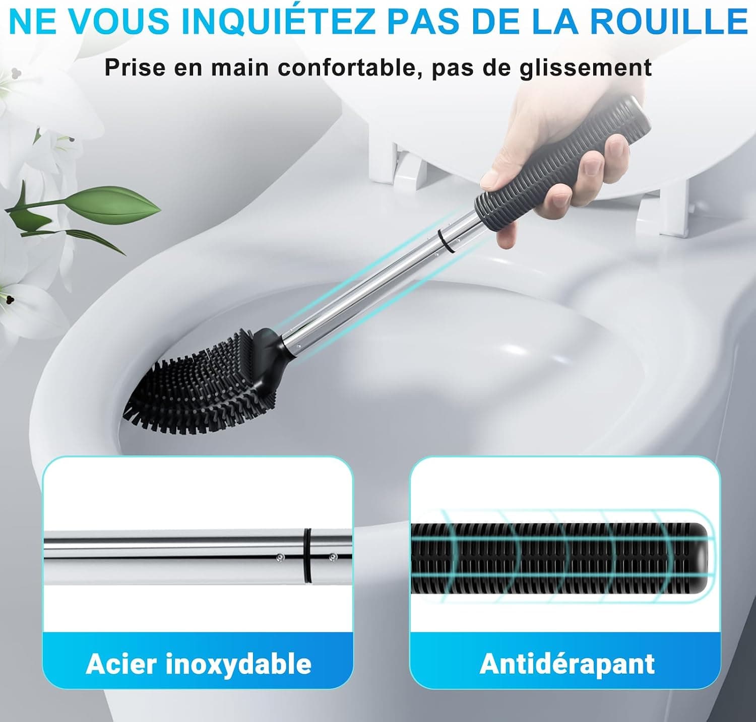 Fowooyen Brosse Toilettes WC Silicone, Balayette avec Support, Noir