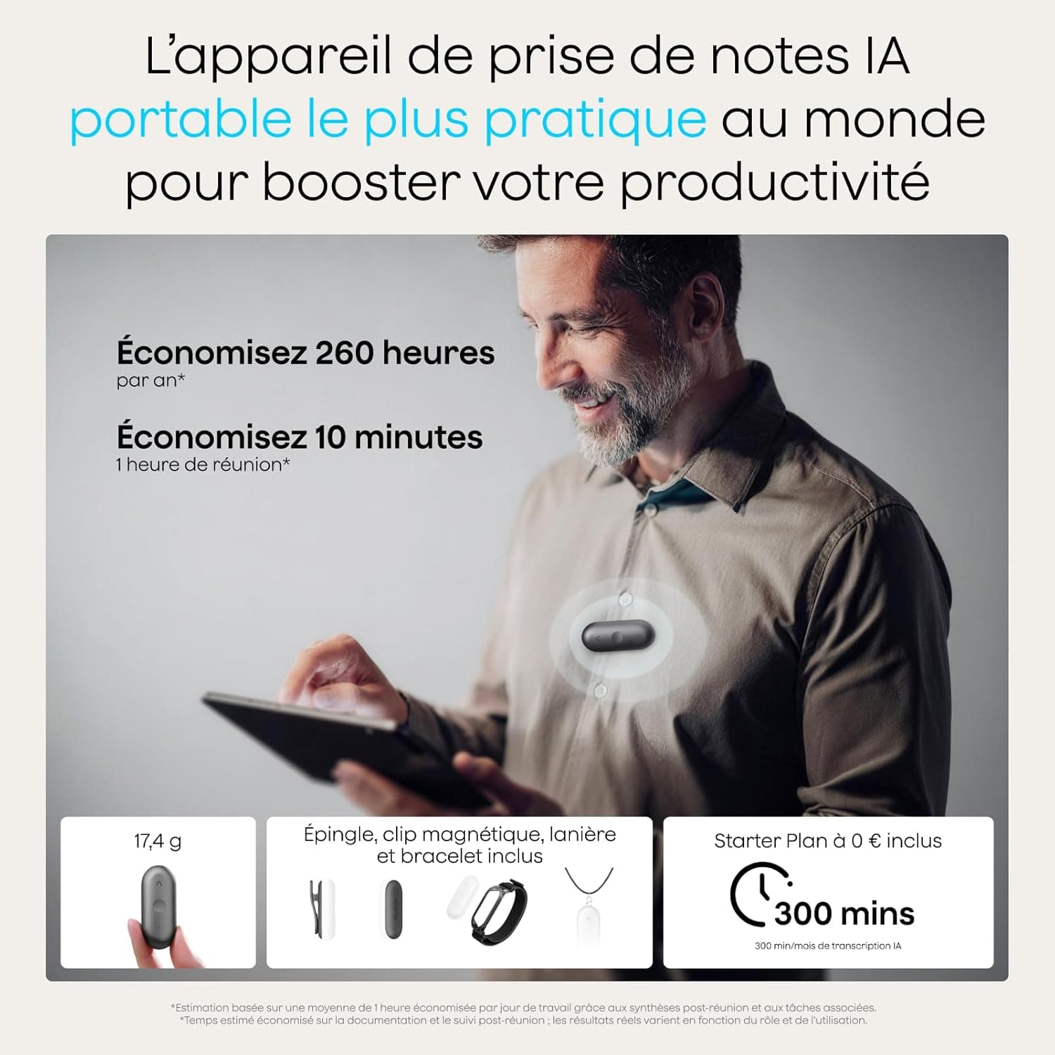 Plaud NotePin S Enregistreur Vocal IA avec Bouton Tactile Prise de Notes IA Transcription Résumé IA et Team Plan Dictaphone Enregistreur Numérique pour Réunions Interviews avec 4 Accessoires Gris