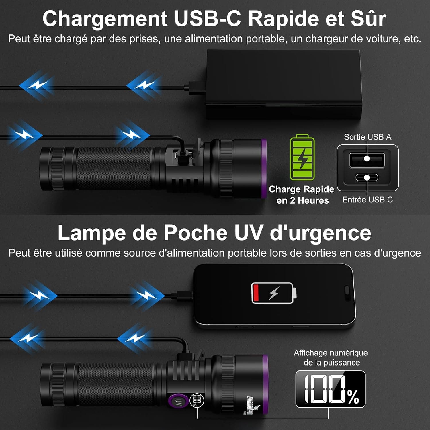 Shadowhawk 365nm Lampe Torche UV, 30W Lumiere Noire Avec Lentille Filtrante