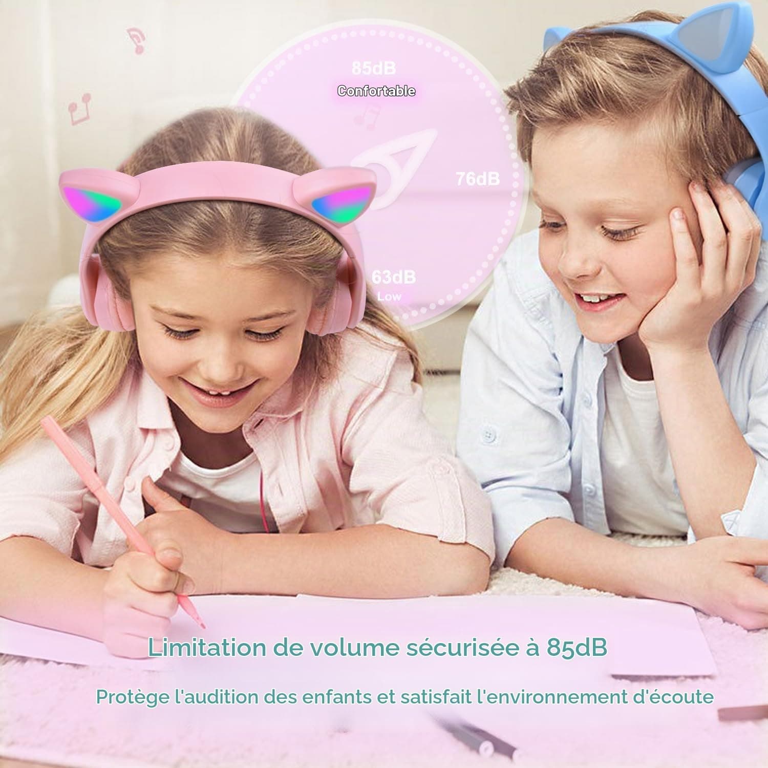 Casque Bluetooth Enfant, Casque sans Fil avec Oreilles de Chat Lumineuses | Casque Audio Pliable LED, Contrôle du Volume de 85dB pour Fille et Garçon 7+