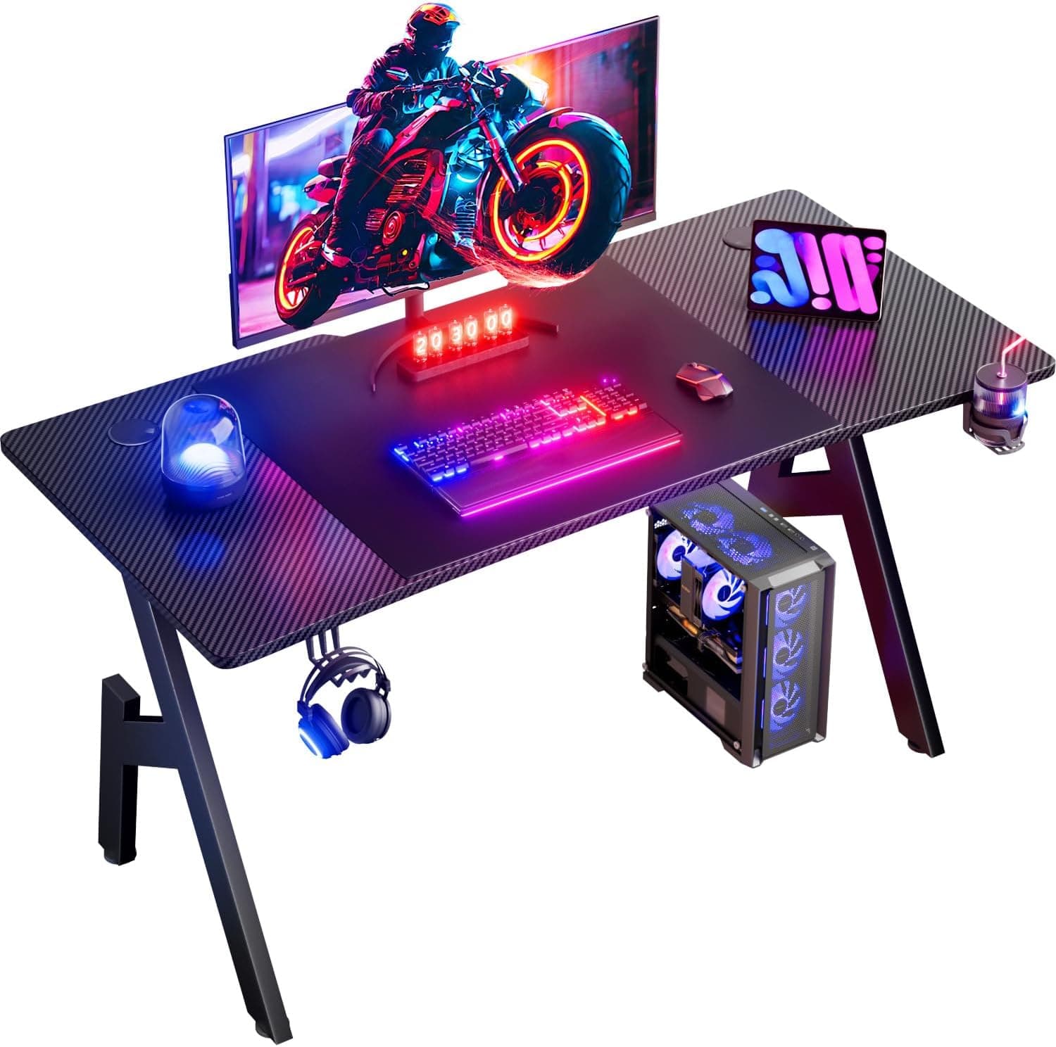 HLFURNIEU Bureau Gaming, 120 x 60 cm, Surface en Fibre de Carbone, Noir