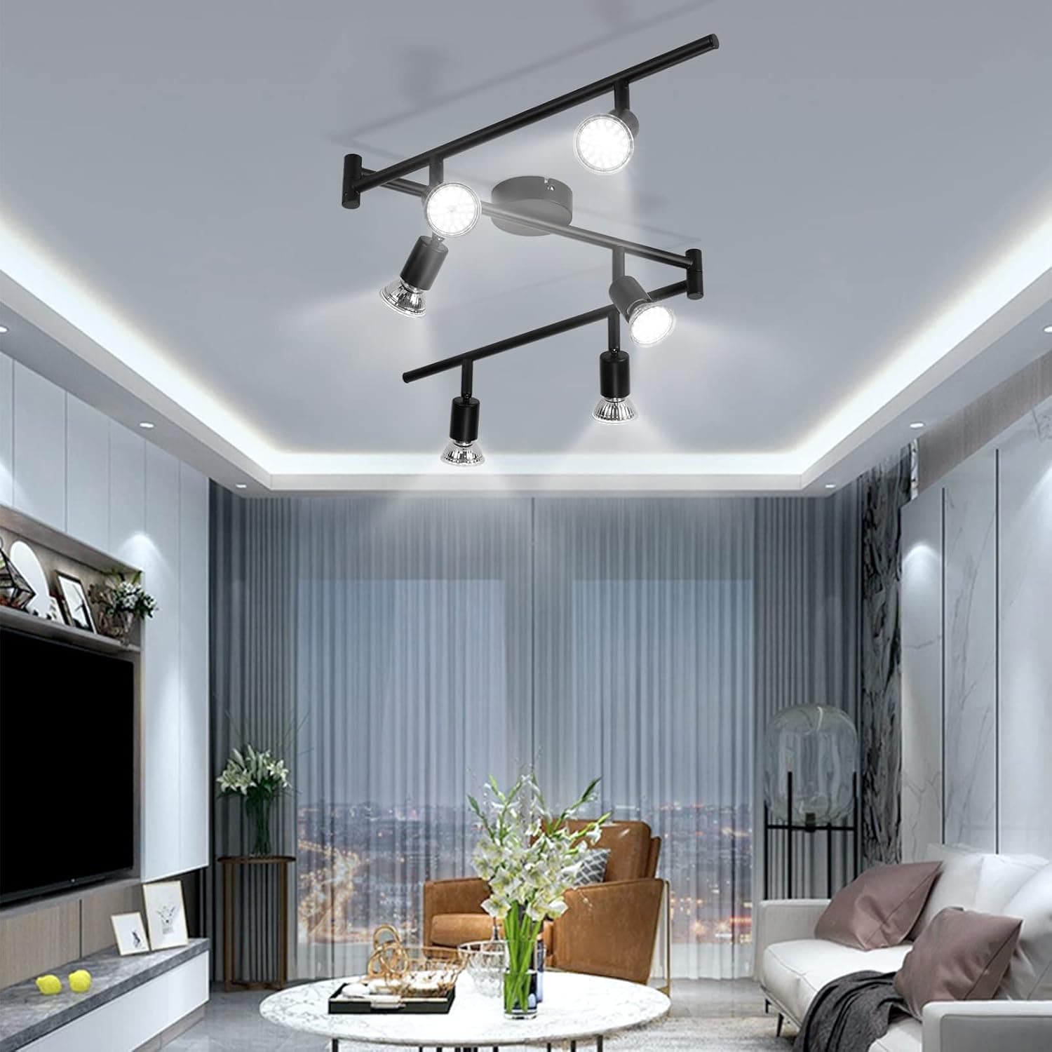 wowatt Plafonnier 6 Spots LED Noir avec GU10 5W Blanc Froid 6000K Ampoules | Moderne Rampe Interieur Plafond Orientable, Rail Luminaire Plafonnier Spot pour Chambre Salon Salle à Manger Cuisine Couloir
