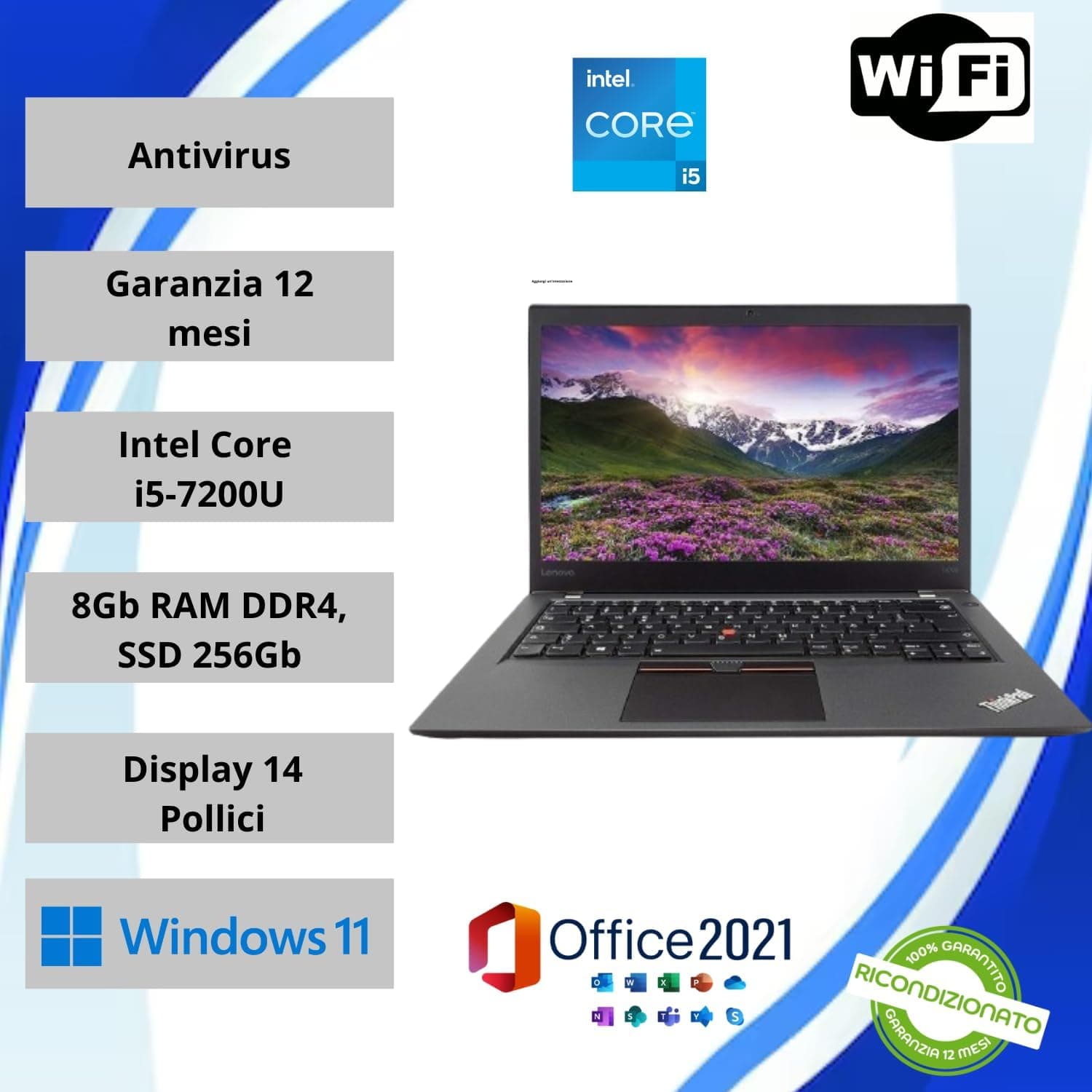 Lenovo ThinkPad T470 14" Full HD 1920 x 1080 Intel Core i5 7200U 256 Go SSD 8 Go RAM Windows 11 Home Webcam Ordinateur portable (reconditionné), noir anthracite
