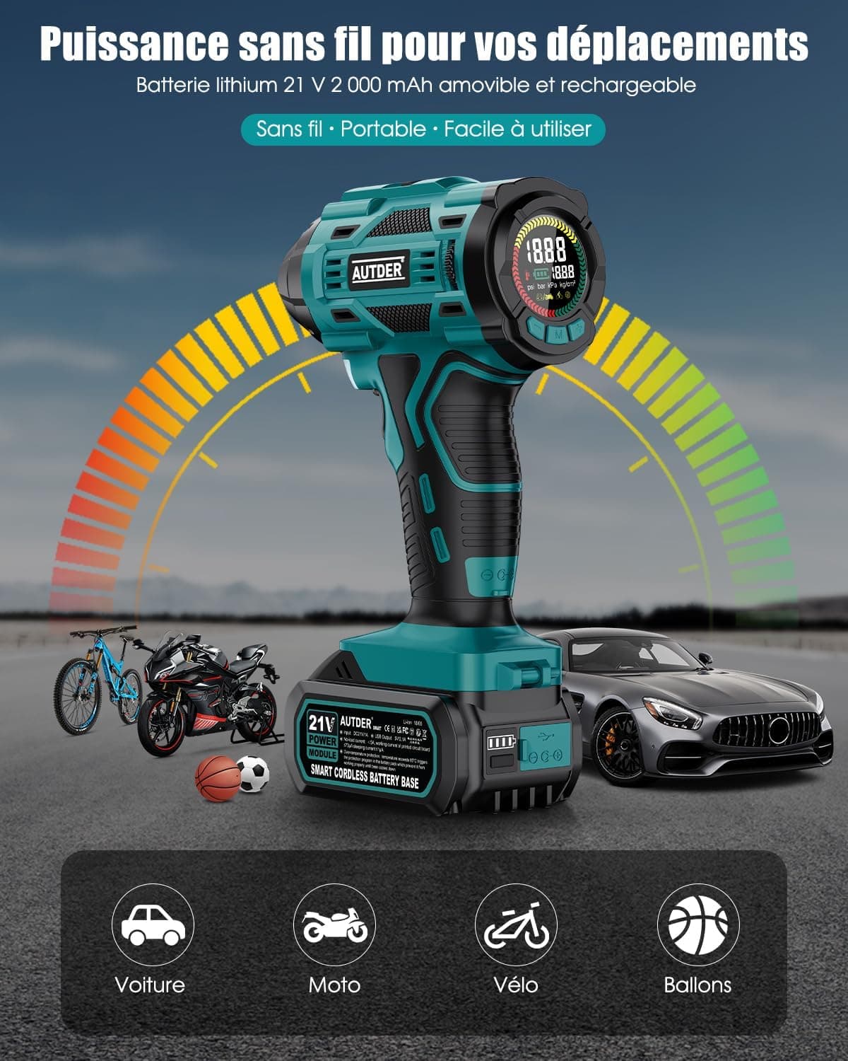 AUTDER Gonfleur Pneus 180 PSI Sans Fil avec Arrêt Automatique
