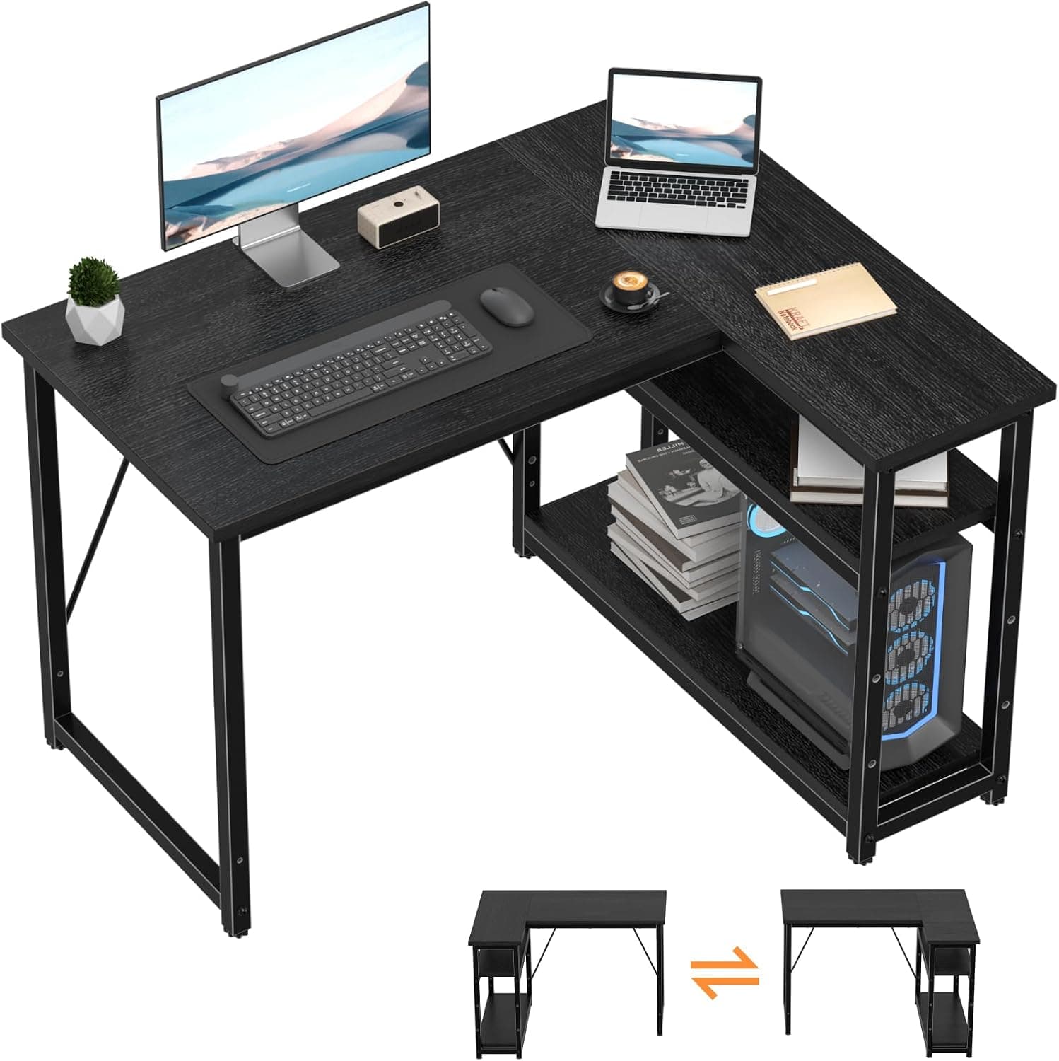 TRIUMPHKEY Bureau d'angle L 100x80x75cm avec 3 Etagères Réversible, Noir