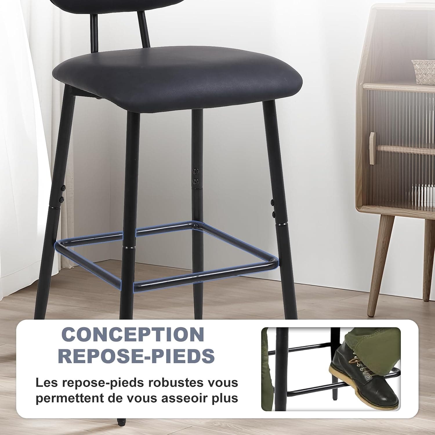 Tabouret de Bar Lot de 2, Chaise de Bar avec Dossier et Repose-Pieds, Tabourets Haute pour Cuisine Salle à Manger Bistro, Chaise 65 cm de Haut, Noir