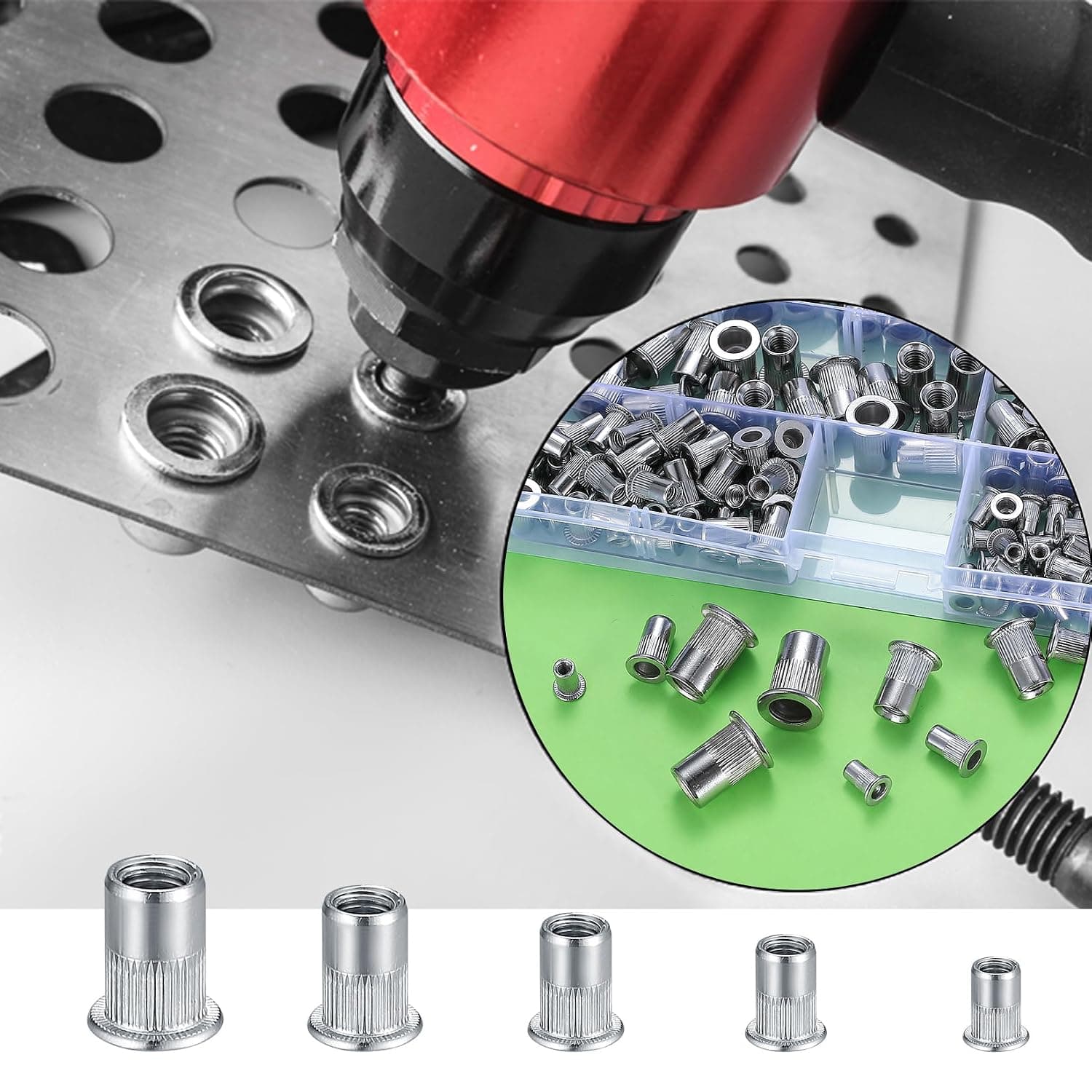 165 Pièces Écrou à Rivet, Écrous à Rivets, M3 M4 M5 M6 M8 Écrous Fileté à Tête Plate, Écrous à Riveter à Insert Fileté en Acier Inox, Inserts Filetés pour Métal, Bois, Aluminium