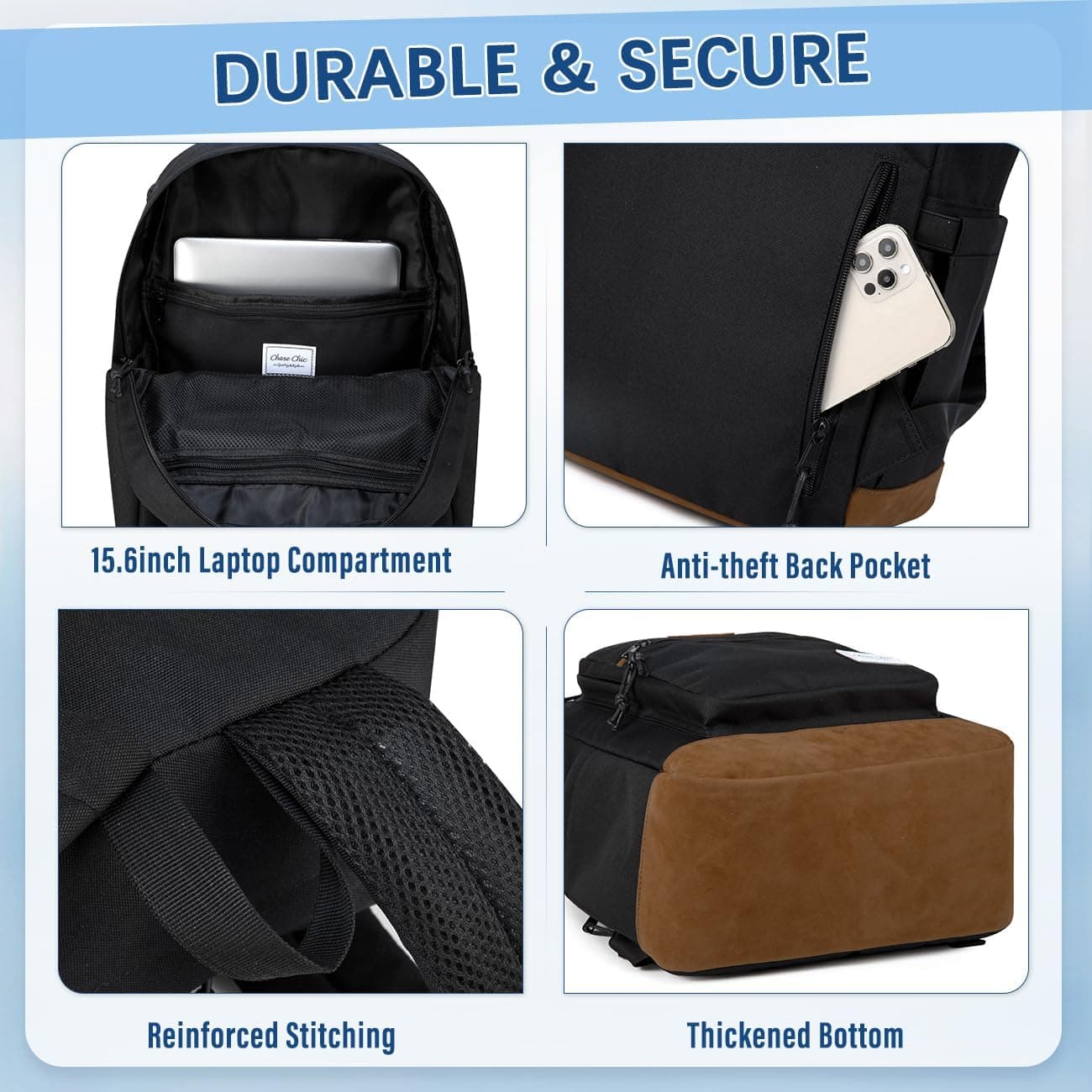 Chase Chic Sac À Dos Homme Femme - Sac D'école Antivol Sac De Ville D'affaires Loisirs Résistant à L'eau Pour College Travail École Voyage Adolescent étudiants 18,8L Noir