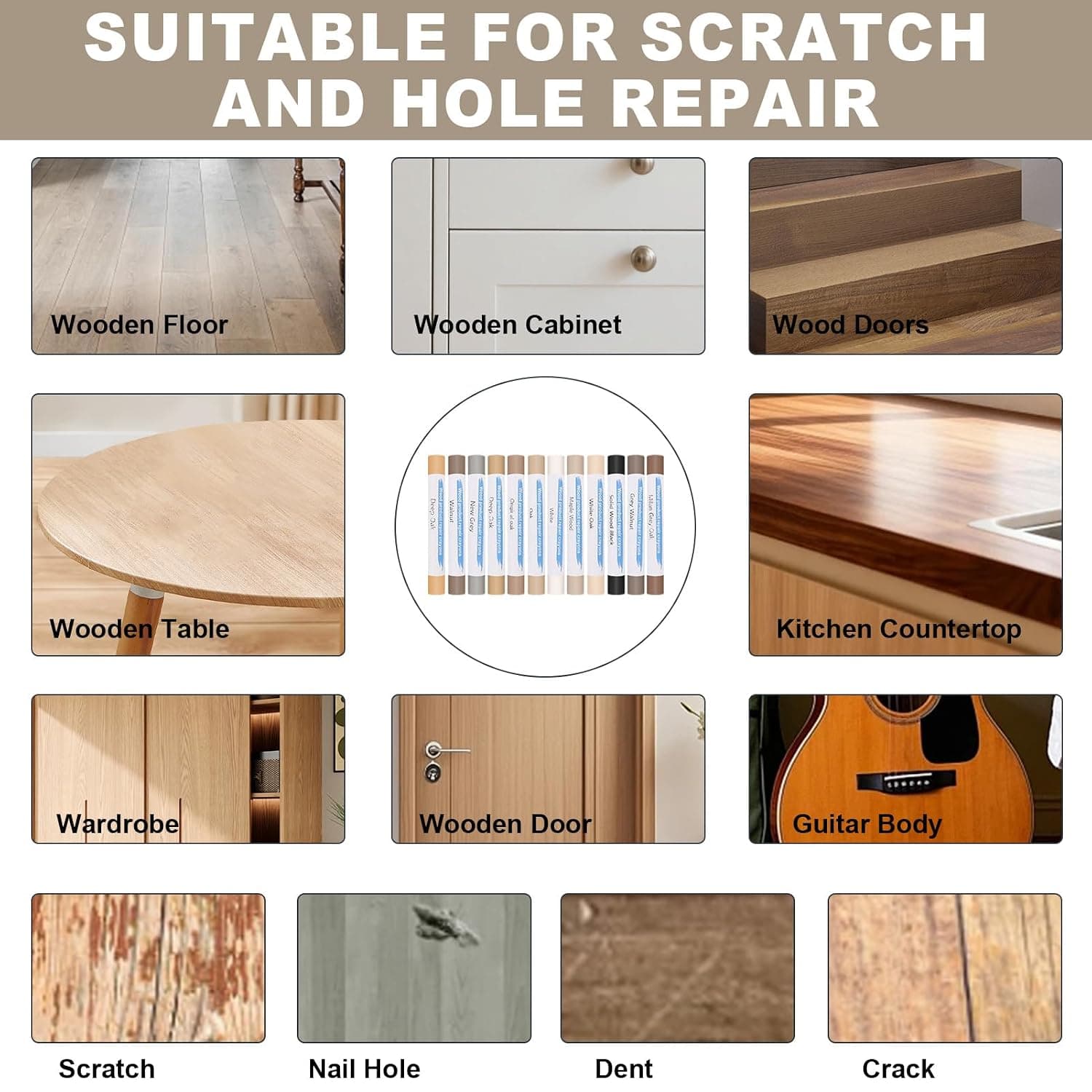 Kit de Réparation Parquet et Carrelage 12 Couleurs, Cire à Bois