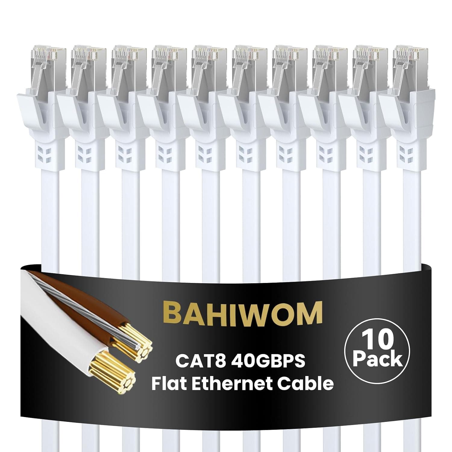 Cat8 Câble Ethernet 1M 10 Pièces, 40Gbps Haut Débit Plat, Blanc