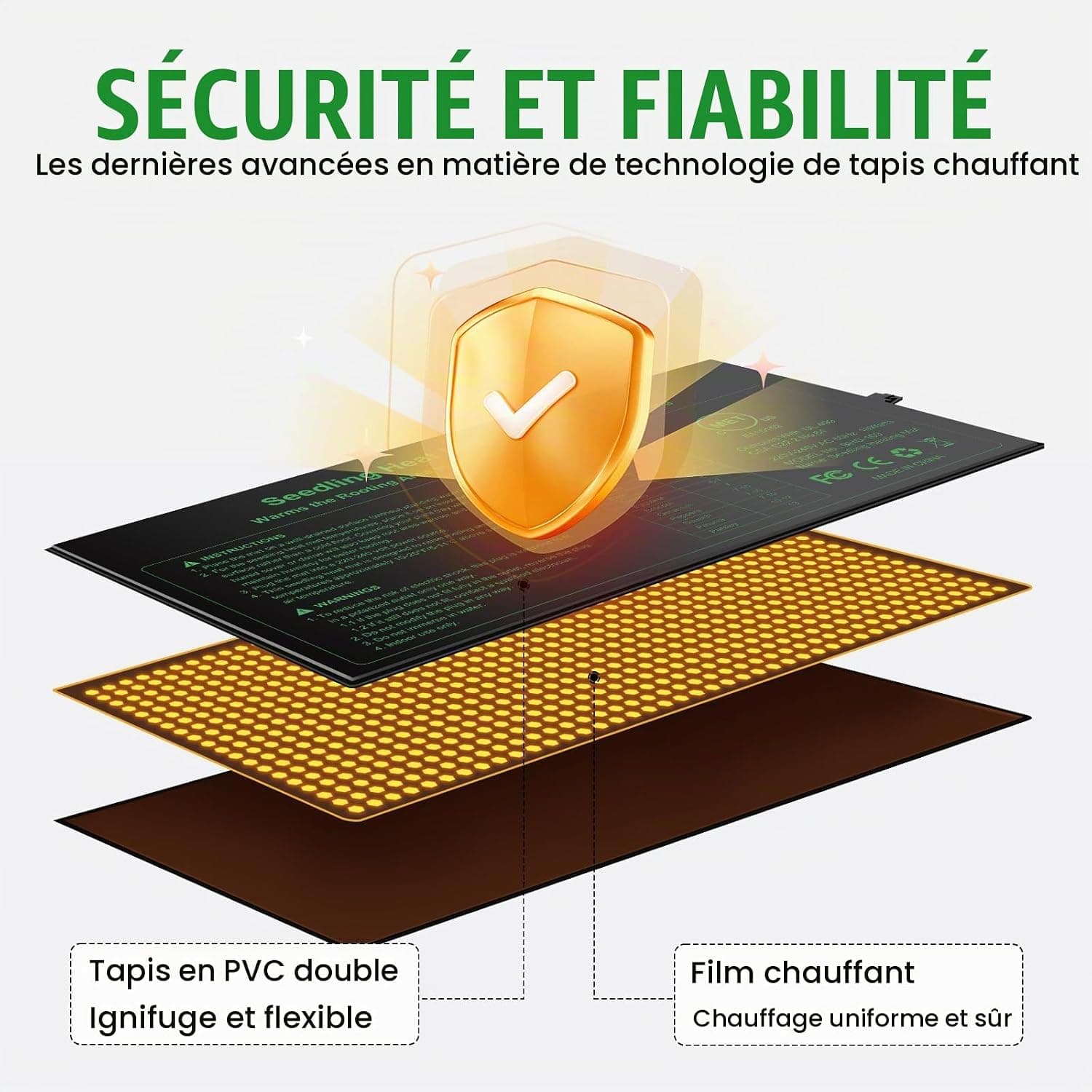 Electronique Tapis Chauffant 24x52cm, coussin de chauffage hydroponique imperméable pour l'usine de reptile de graine avec la protection contre la puissance sûre et durable CE certifié(Paquet de 2)