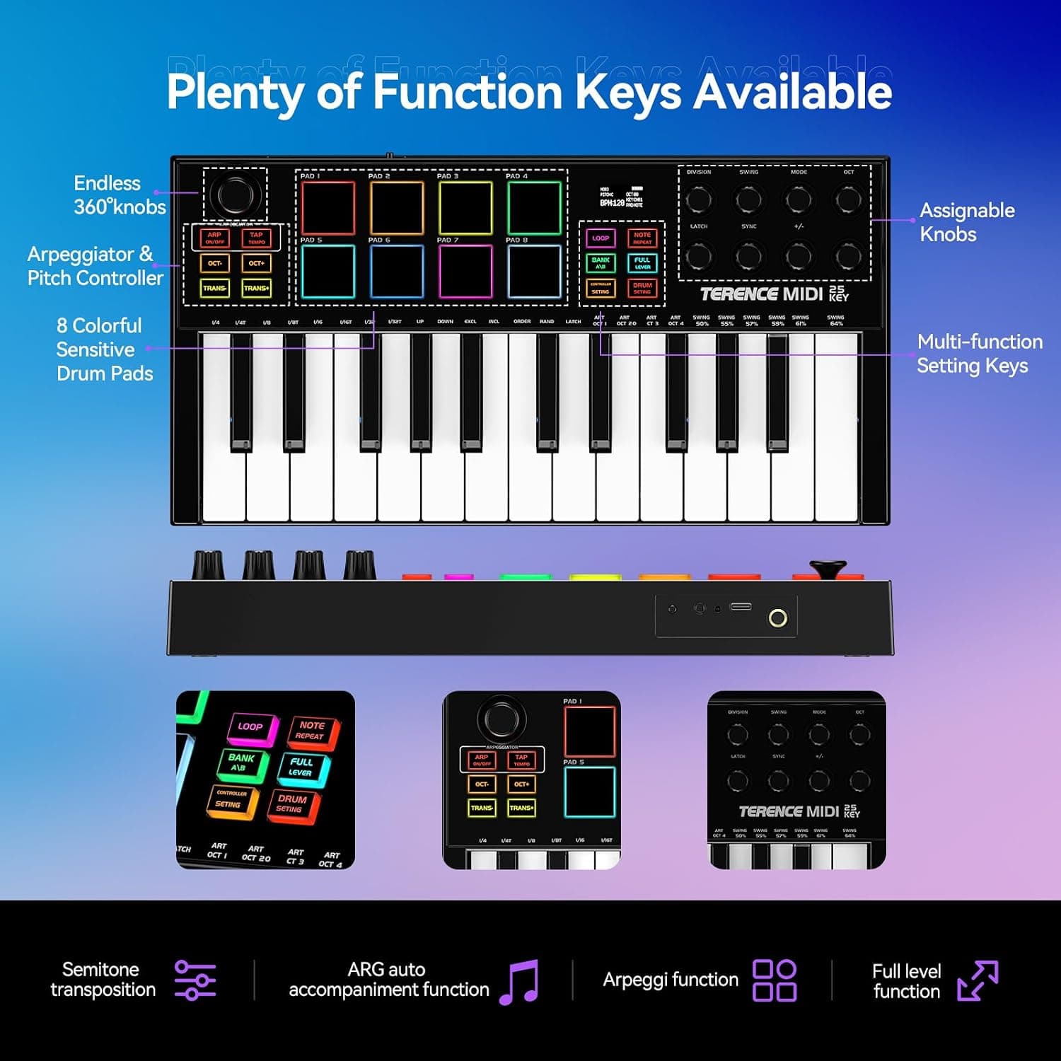 TERENCE Clavier MIDI de 25 Touches Professionnel MIDI Keyboard Contrôleur 500 mAh 8 Pads RGB Bouton Rotatif à 360° Sans Fin 8 Boutons Assignables Écran OLED Compatible avec Plusieurs DAW et Appareils