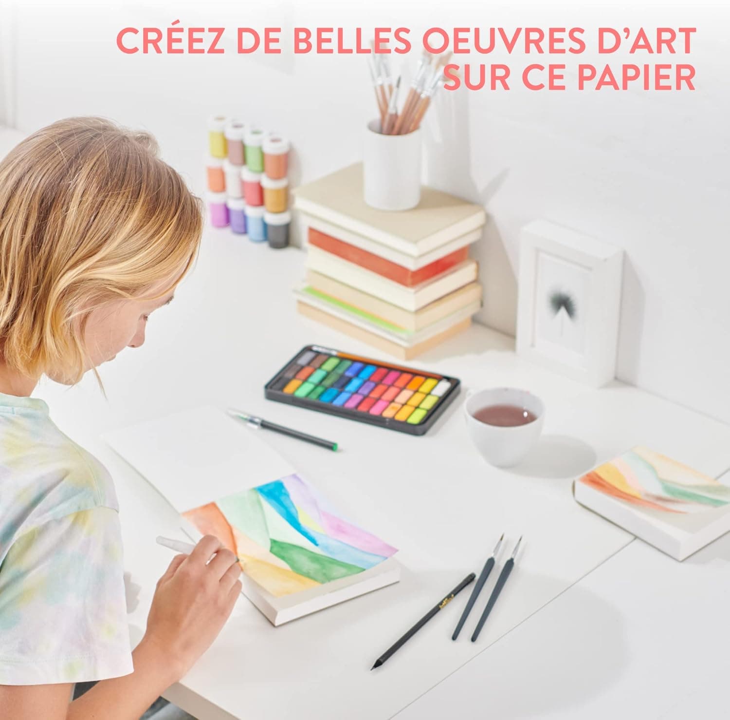int!rend Carnet de Papier Aquarelle A5-40 Feuilles 300g - inclus 1 Crayon Aquarellable + 1 Stylo Pinceau à Réserve d'Eau - Materiel Dessin pour Peinture Aquarelle