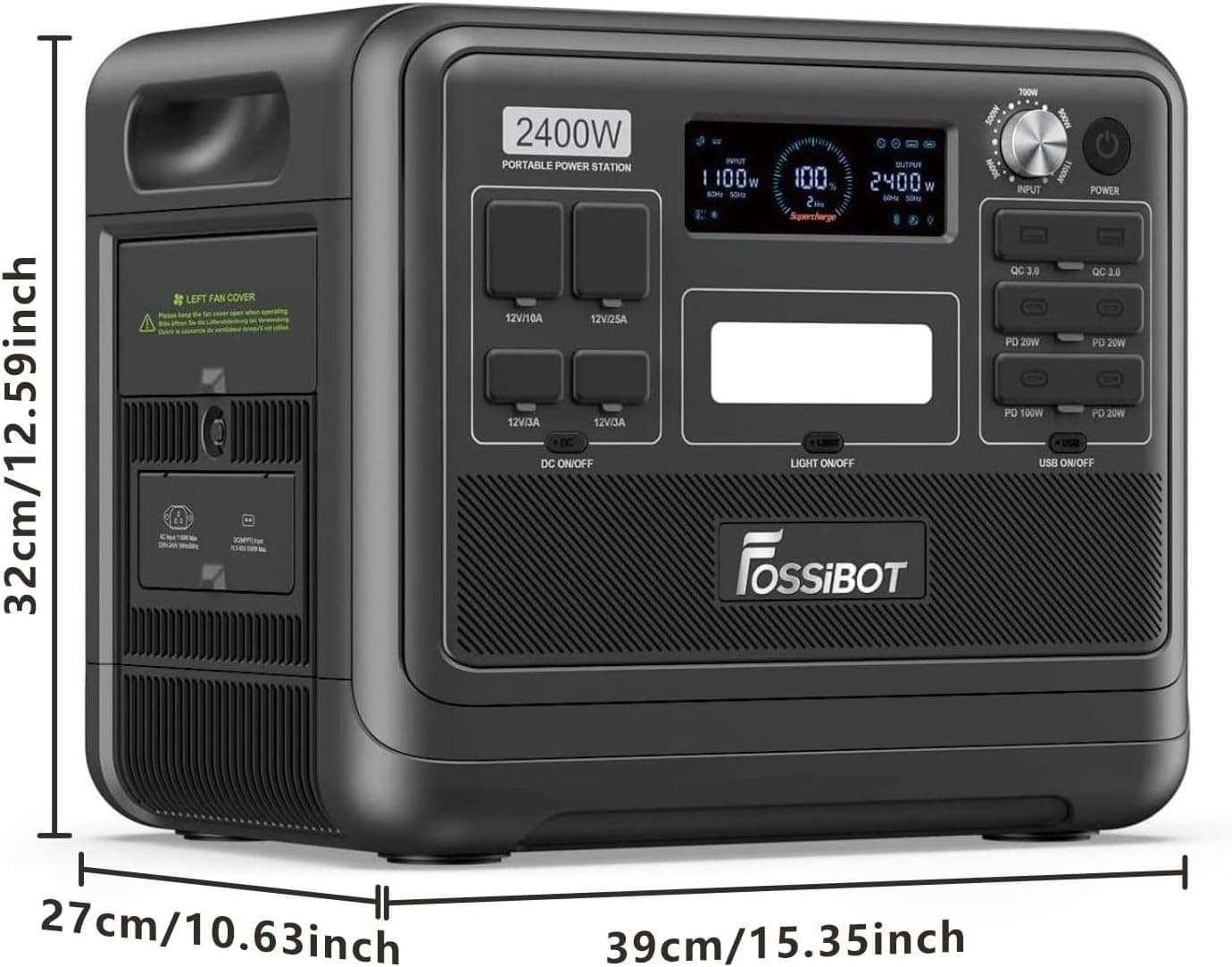 FOSSiBOT Station d'alimentation F2400 2400 W, 2048 Wh LiFePO4 - Générateur solaire portable - 3 x 230 V CA (crête 4800 W) - Alimentation mobile pour camping-car, générateur solaire - Bricolage comme