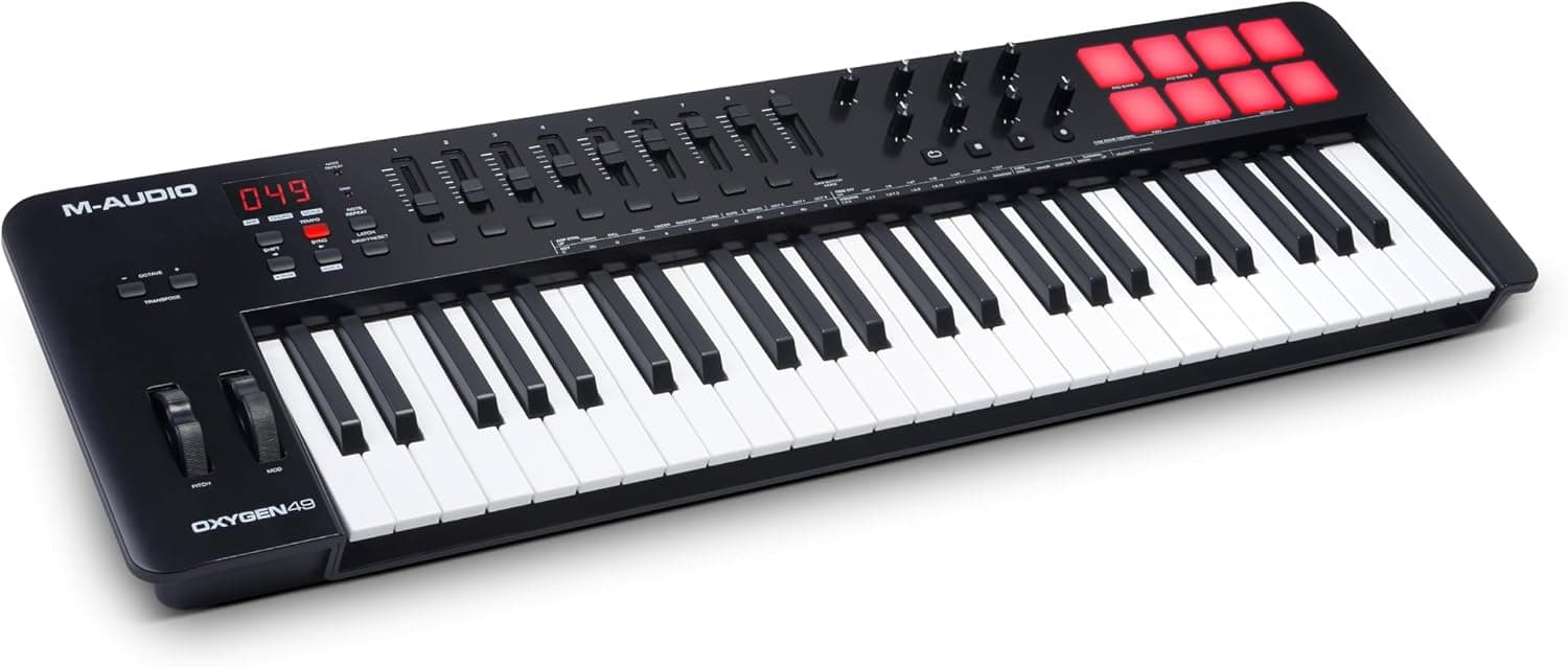 M-AUDIO Oxygen 49 MKV Controleur Clavier USB MIDI | 49 Touches Veloci-Sensibles, 8 Pads, 8 Boutons, 9 Faders et Logiciel DAW Inclus, pour Production Musicale