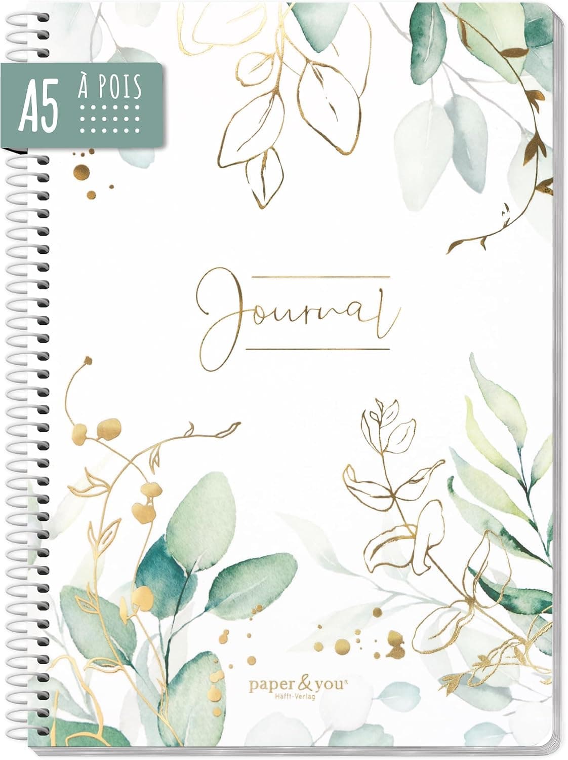 paper&you Carnet à points Journal A5 à spirale "Blattgold"
