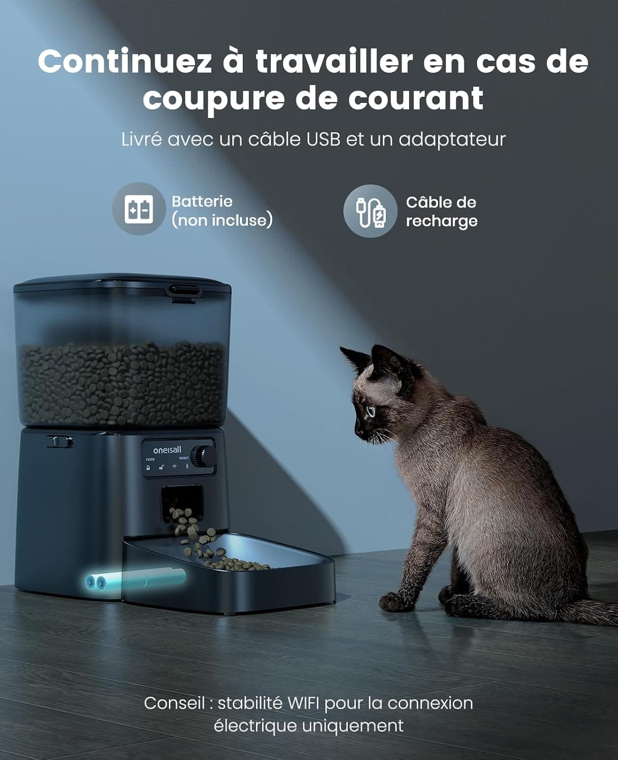 oneisall 3.5L Distributeur Croquettes Chat Automatique WiFi 2,4 GHz, Noir | Distributeur de Nourriture avec APP, Gamelle Automatique pour Chat/Chiens, Mangeoire Programmable, 1-10 Repas/Jour, Bol Inox