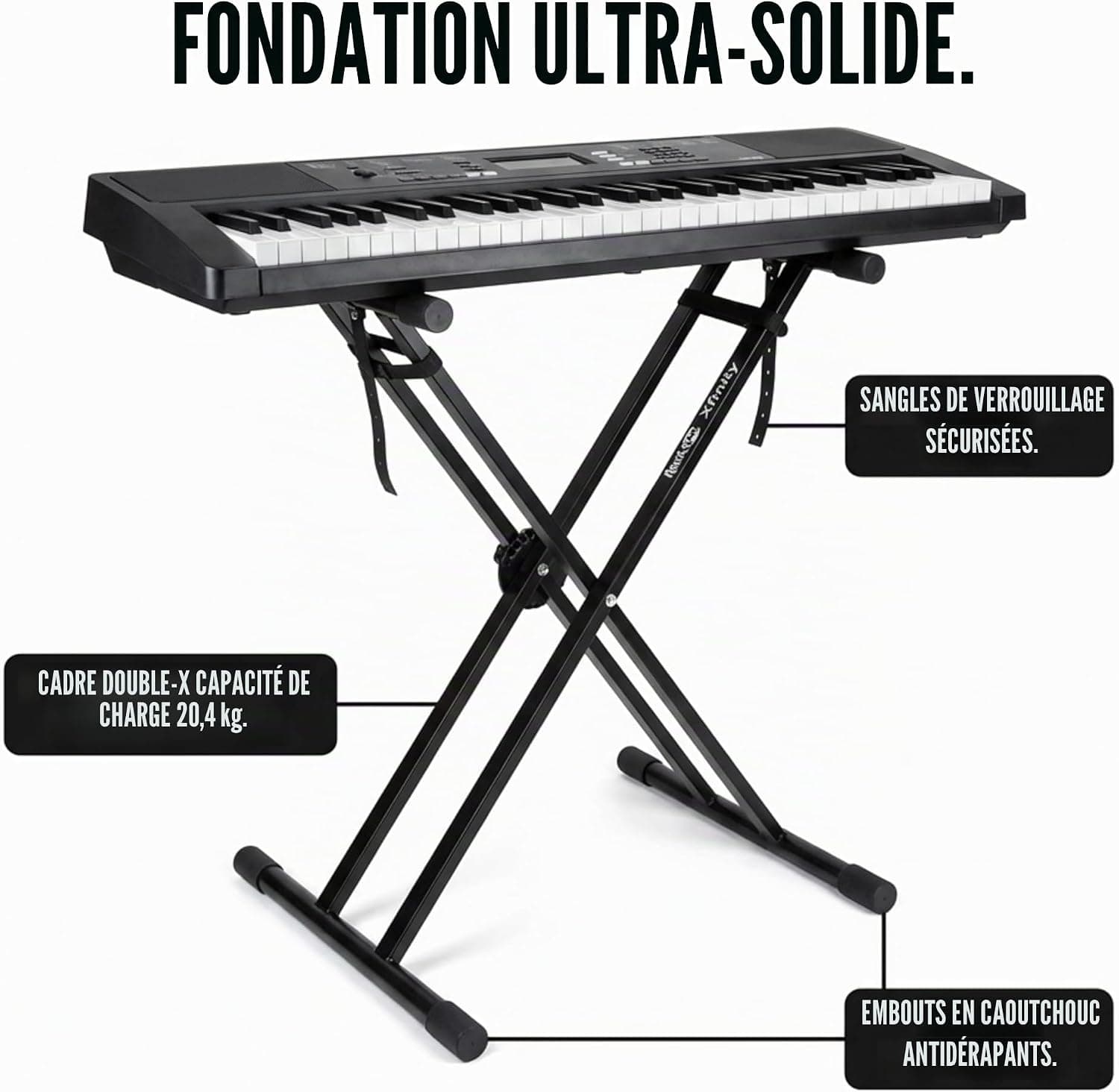 RockJam RJXX363 Support de Clavier Double X Robuste et Réglable | Support clavier double X renforcé, capacité 20 kg, réglable en hauteur pour piano numérique, maison, studio et scène
