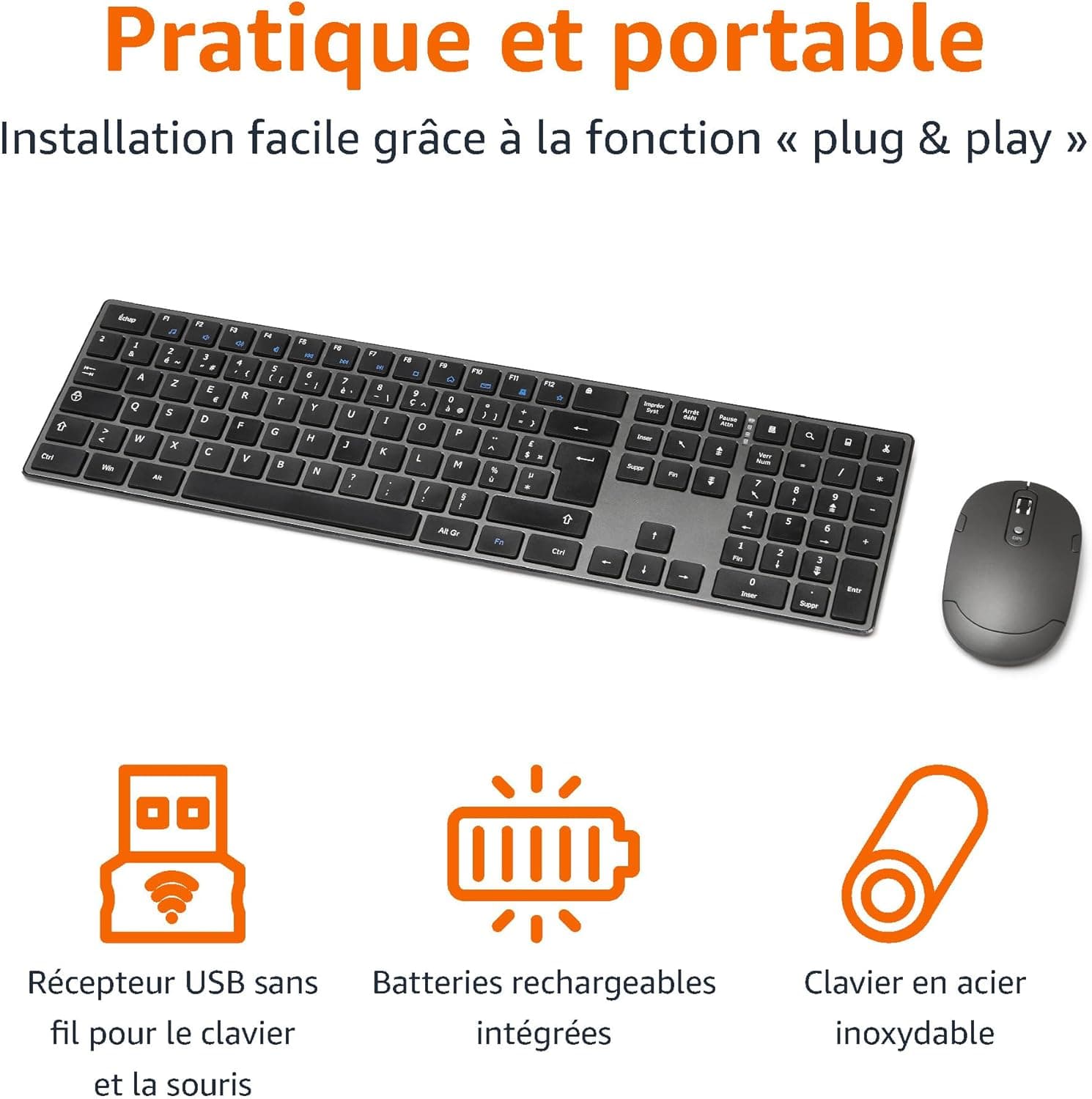 Amazon Basics souris sans fil rechargeable - Clavier complet ultra-mince et silencieux avec pavé numérique, FR Layout Gray, noir