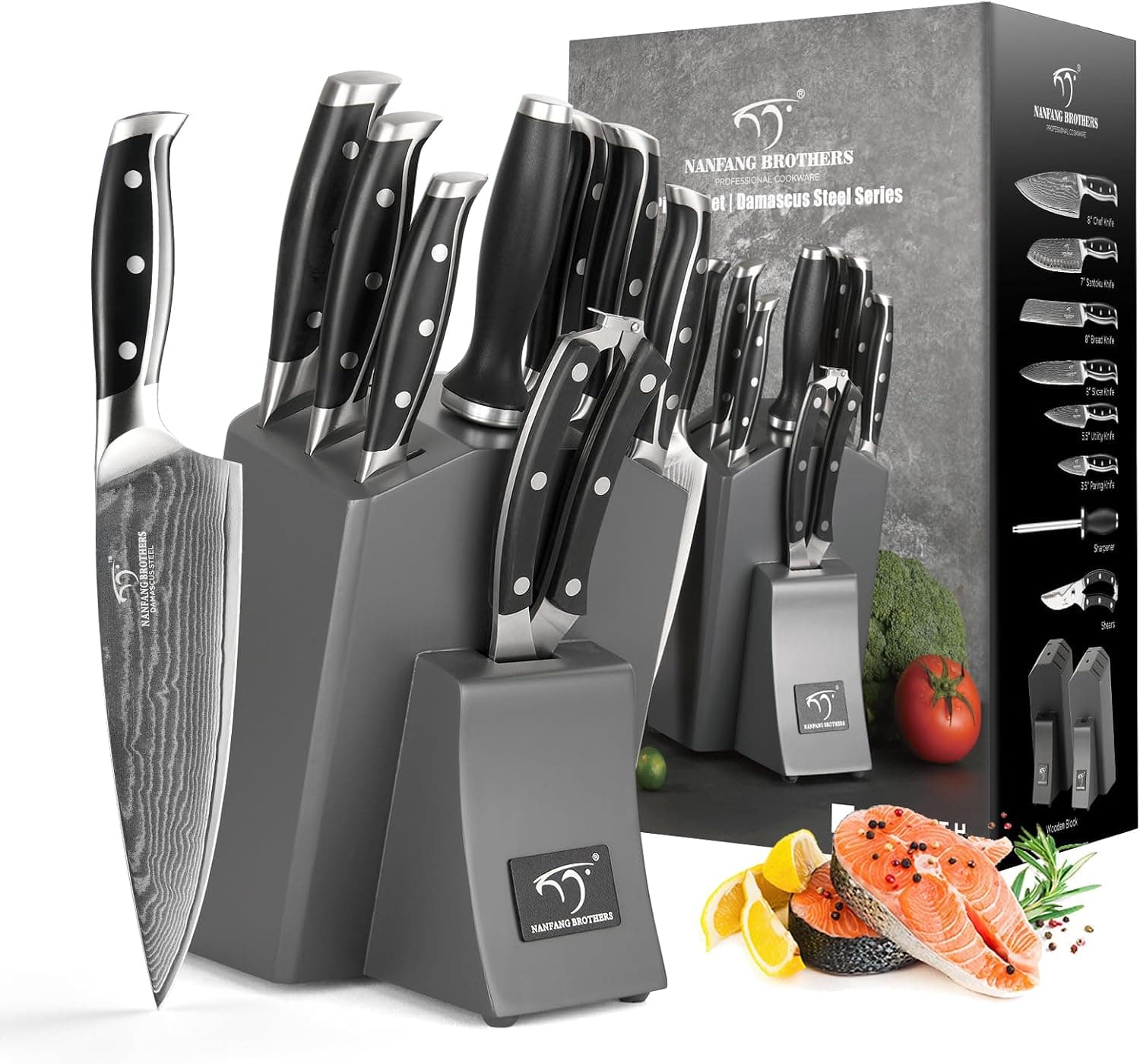 NANFANG BROTHERS Damas 9 Pièces Set Couteaux de Cuisines Professionnels 67 Couche Acier with Bloc en Bois Gris