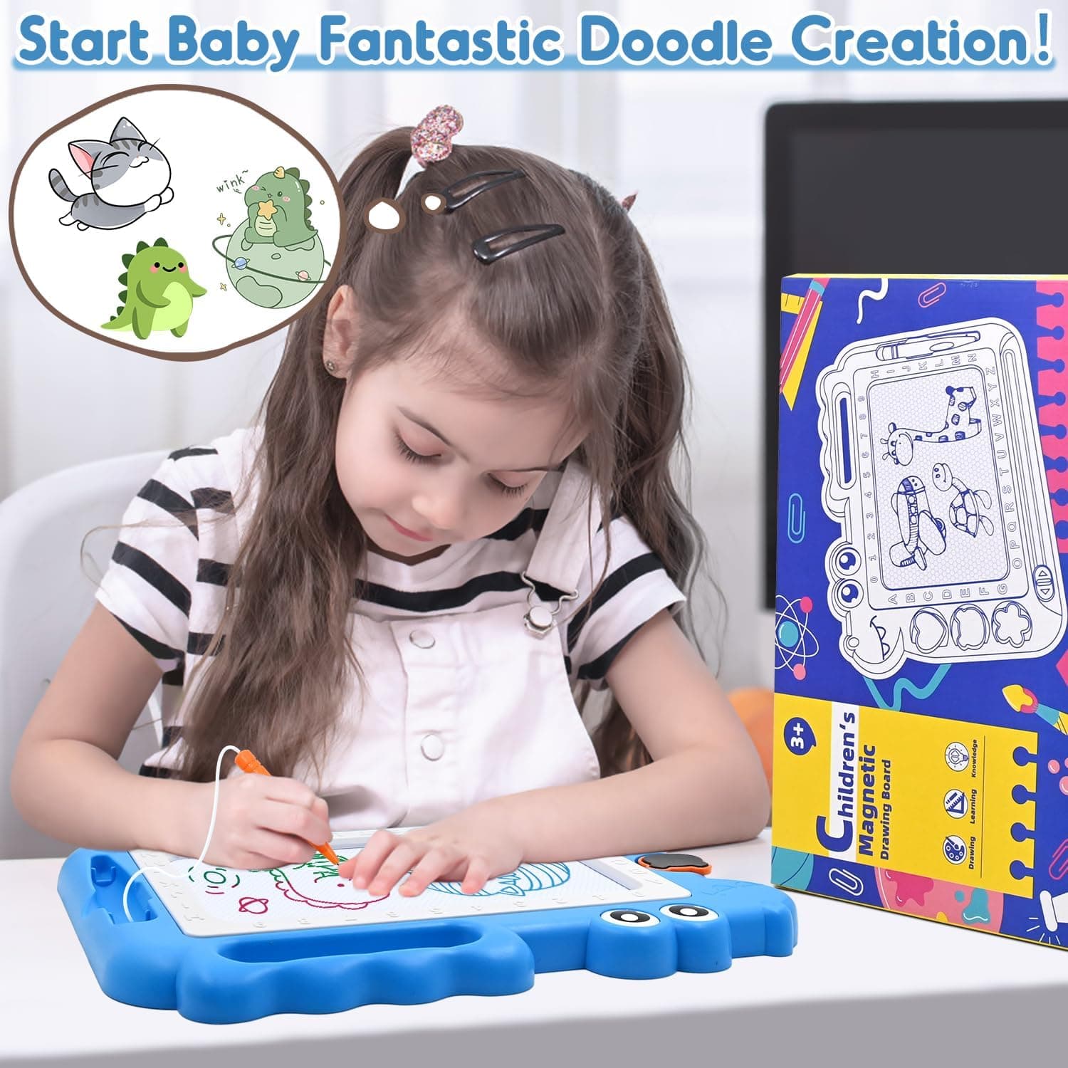 AiTuiTui Dinosaure Ardoise Magique Jouet Enfant 3 4 5 Ans, Ardoise de Gribouillage Magnétique Effaçablem Jeu Educatif Cadeau 3-5 Ans Filles Garçons, 4 Zones de Couleur 3 Tampons 1 Stylo, Bleu