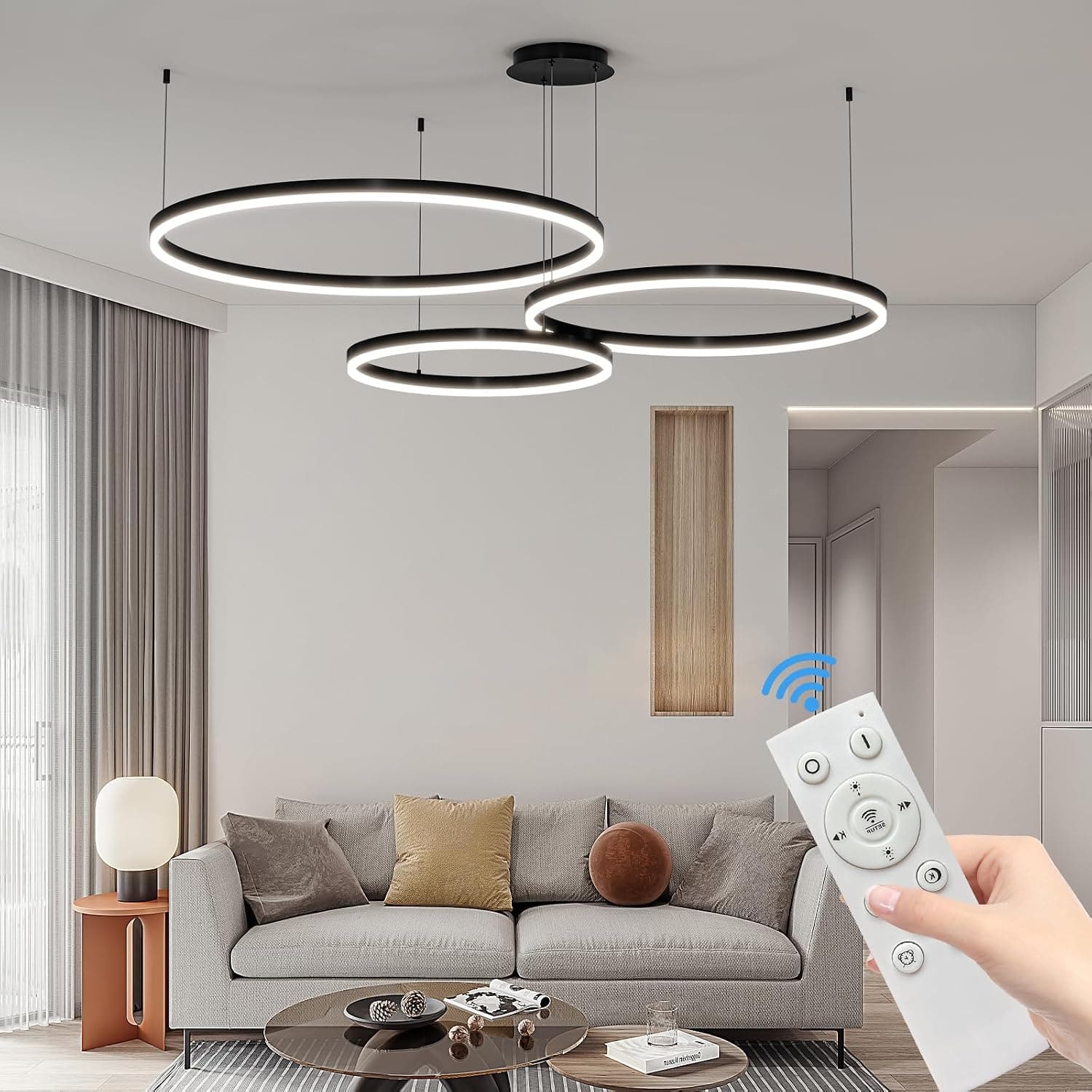 Mikeru 3 Anneaux Lampe Pendante Ronde, Suspension 20+40+60cm Lampe Pendante Télécommandée De 10% à 100% 3000k/4500k/6500k Plafonniers Modernes à Intensité Variable Pour Salon, Librairie