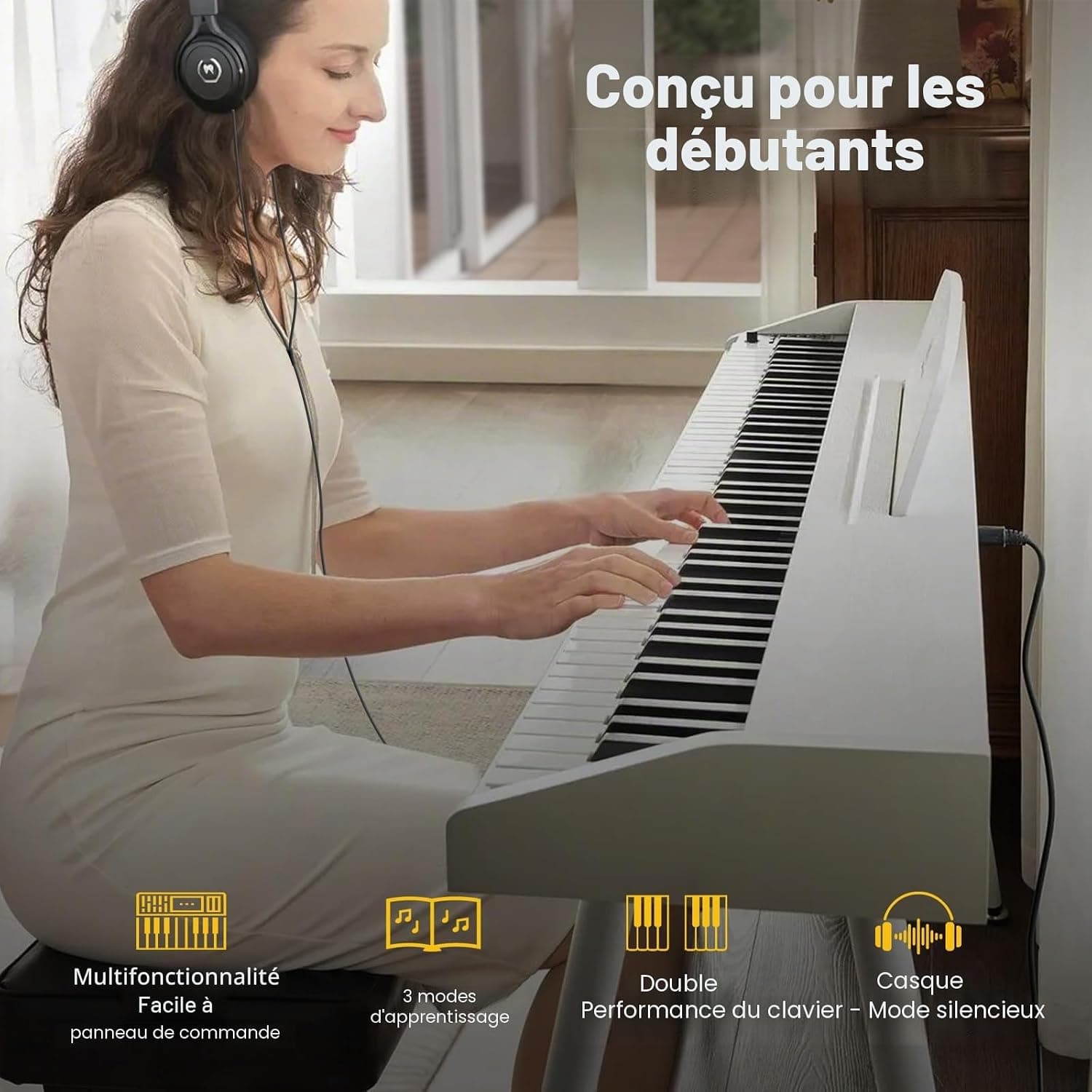 MUSTAR Piano numérique 88 touches pour débutants, clavier piano taille complète avec 3 unités de pédale, piano électrique portable, piano numérique pour la maison avec MIDI-USB et support, blanc