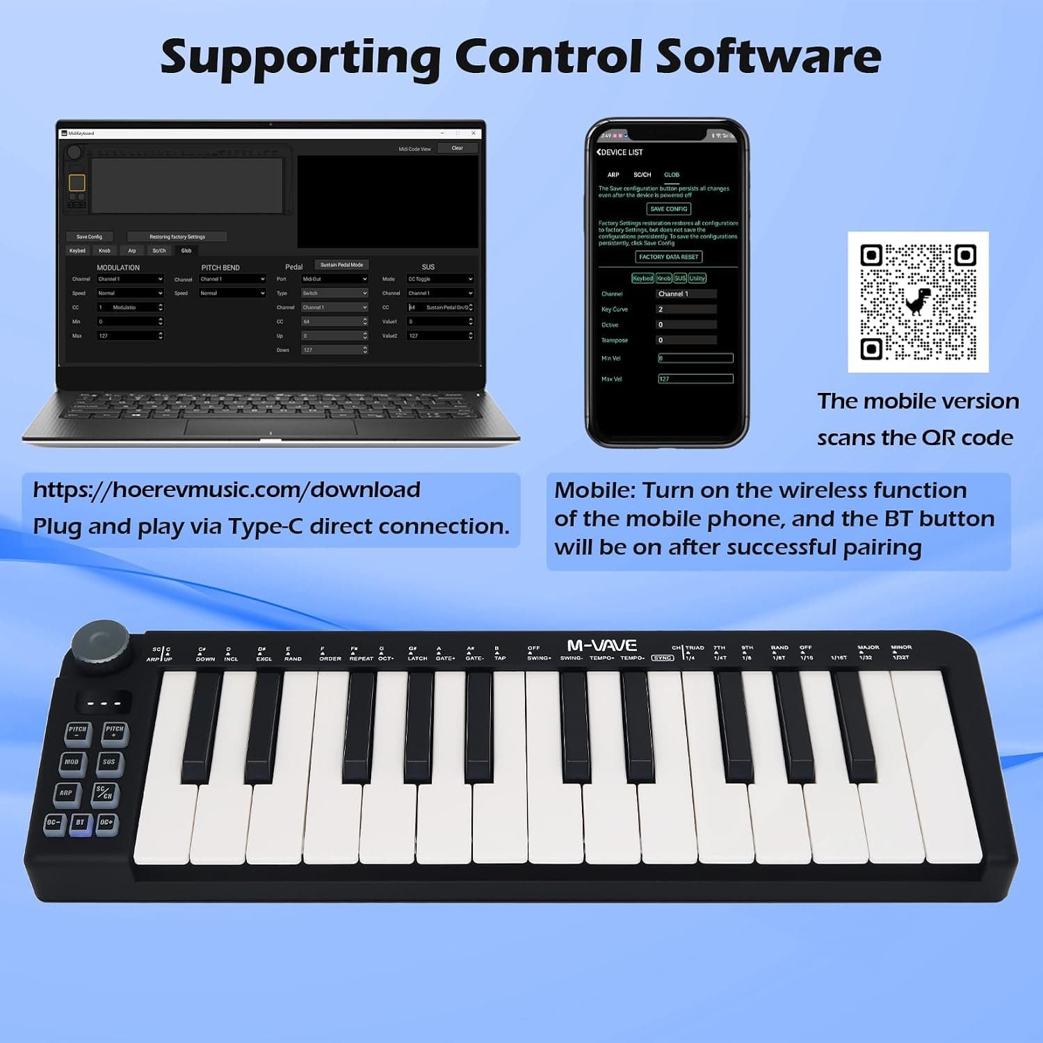 M-VAVE Mini clavier 25 touches - Beat maker professionnel et Keytar pour la production musicale au clavier Batterie intégrée Wireless Connect, Mini no PADS, Noir