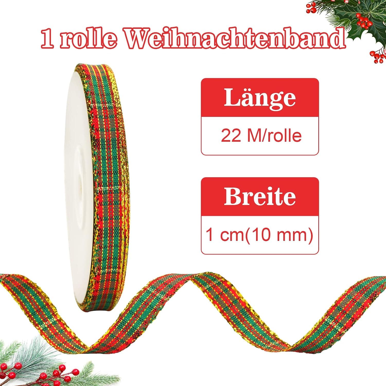 jijAcraft Ruban de Noël 10 mm de large, ruban décoratif de Noël rouge et vert, ruban à carreaux avec bord doré, ruban cadeau de 22 m pour bricolage, emballage cadeau et décoration de Noël