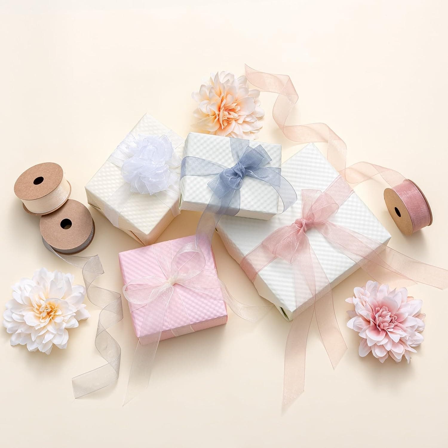 MORSUNBELA Ruban en organza beige - Large ruban cadeau - Soie - Décoratif - 25 mm x 9 m - Crème