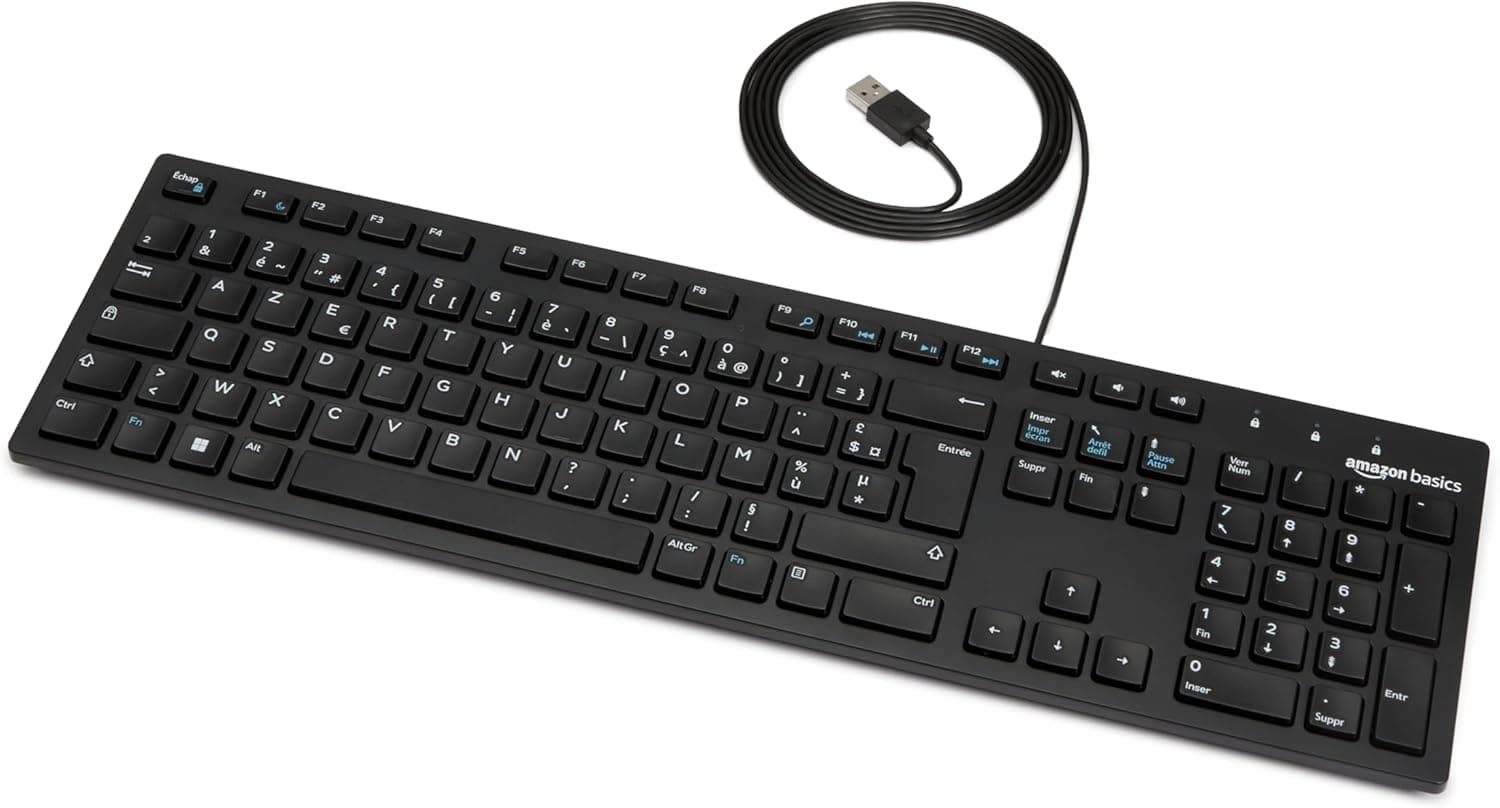 Amazon Basics Clavier USB Filaire Discret avec Disposition française, Noir Mat