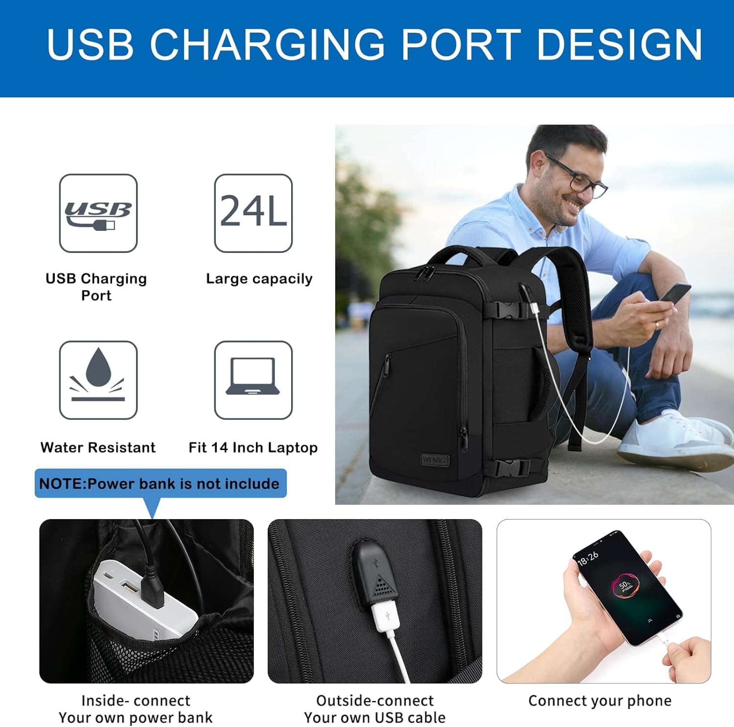 WENIG Bagage Cabine 40x30x20 pour Ryanair Sac à Dos Voyage Cabine Avion pour Wizzair Eurowings 24L Bagage à Main avec USB Charging Port Sac à Dos Ordinateur Portable 14 Pouces Homme Femme Noir