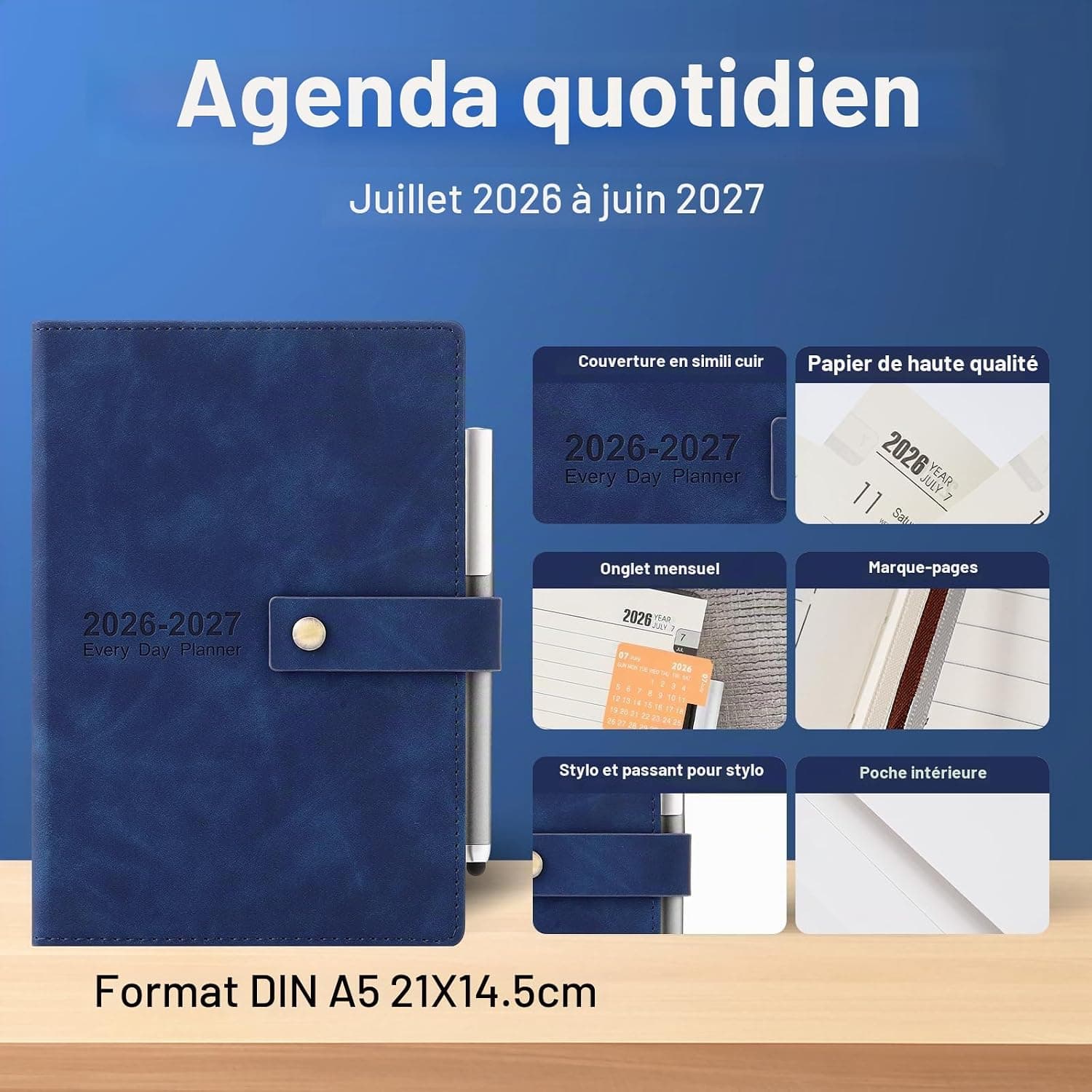 Agenda académique journalier 2026-2027 de juillet 2026 à juin 2027 avec couverture rigide et stylo, marque-page, onglets mensuels, autocollants (bleu)