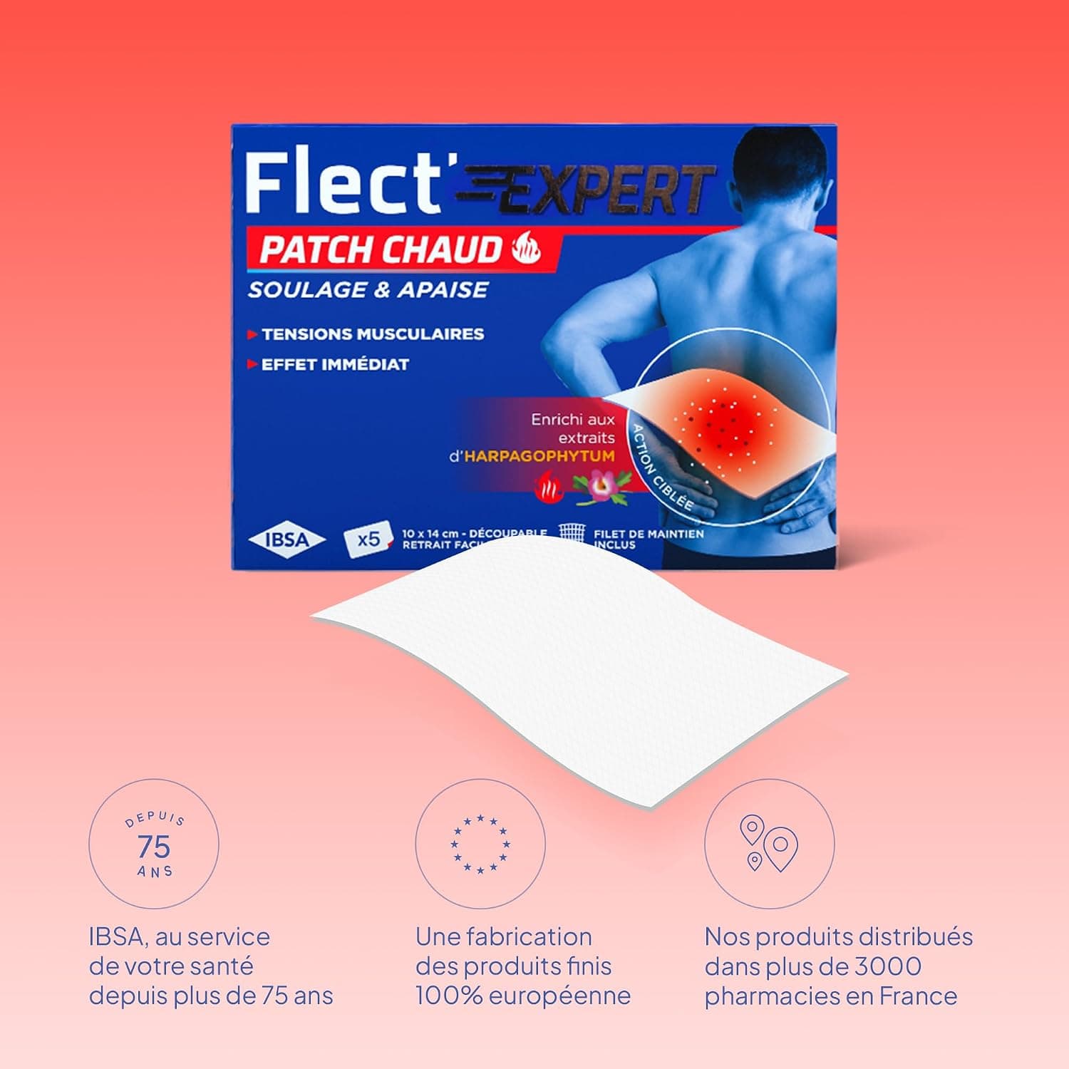IBSA Pharma - Flect'Expert Patch Chaud - Tensions Musculaires Localisées - Apaise et Soulage - Extraits d'Harpagophytum - Technologie Hydrogel - Boîte de 5 Patchs + Filet de Maintien - Cosmétique